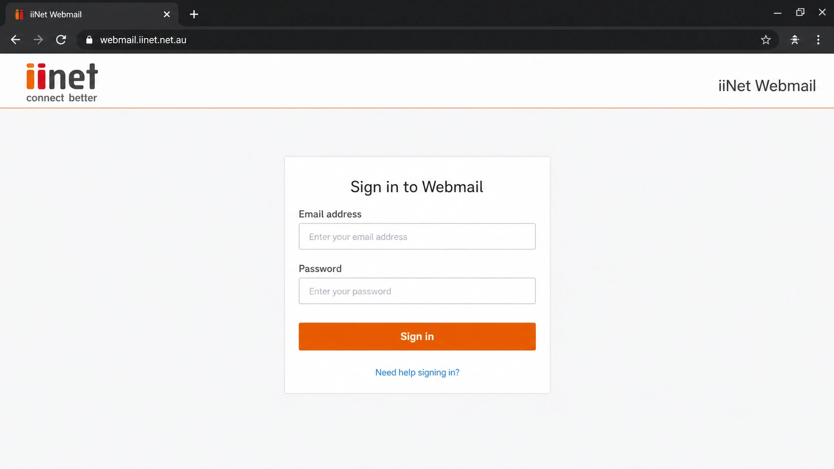Example iiNet Webmail login screen for mailbox-side troubleshooting