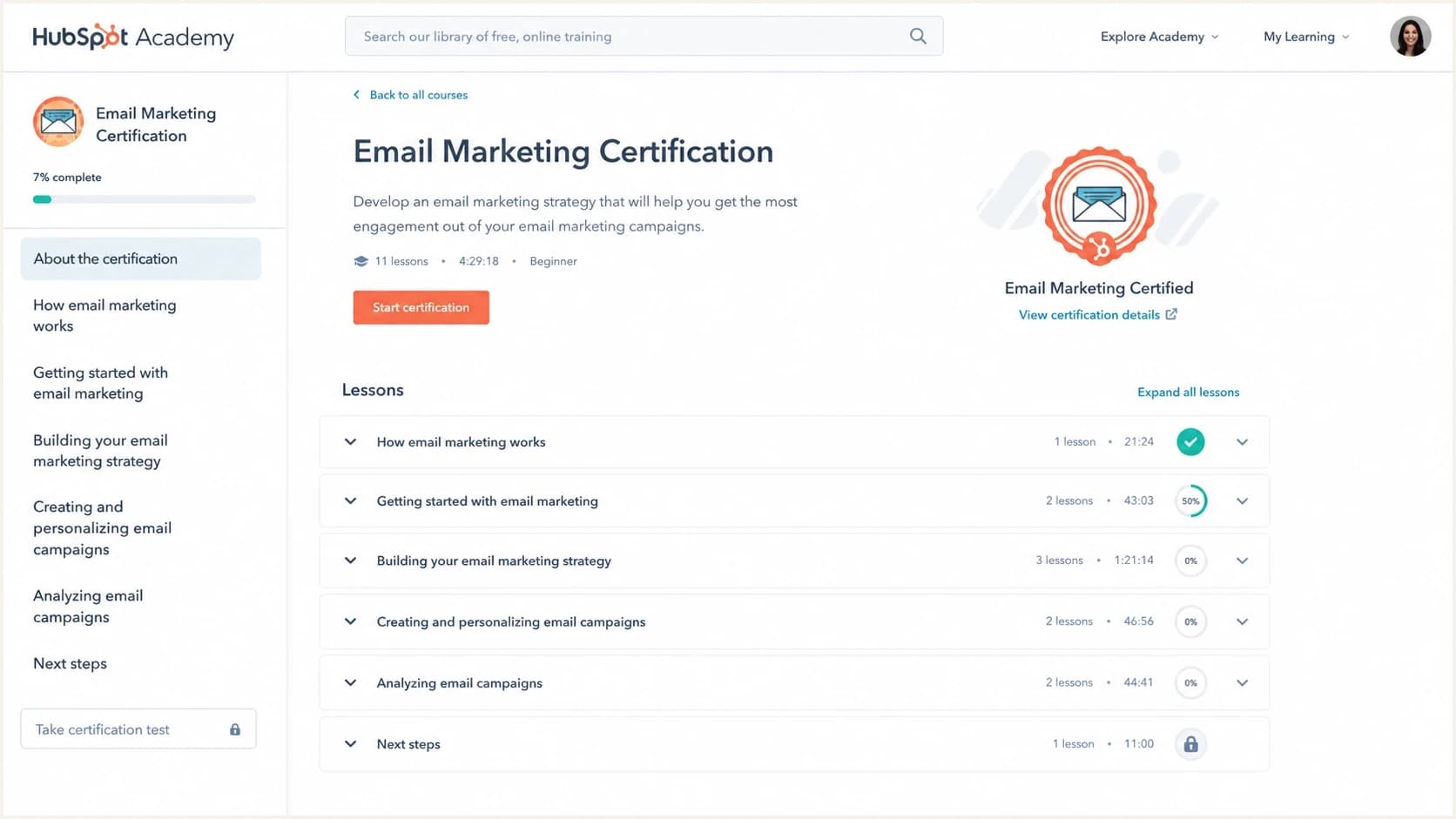 Screenshot-style view of a HubSpot Academy email marketing course page with lessons and certification details.