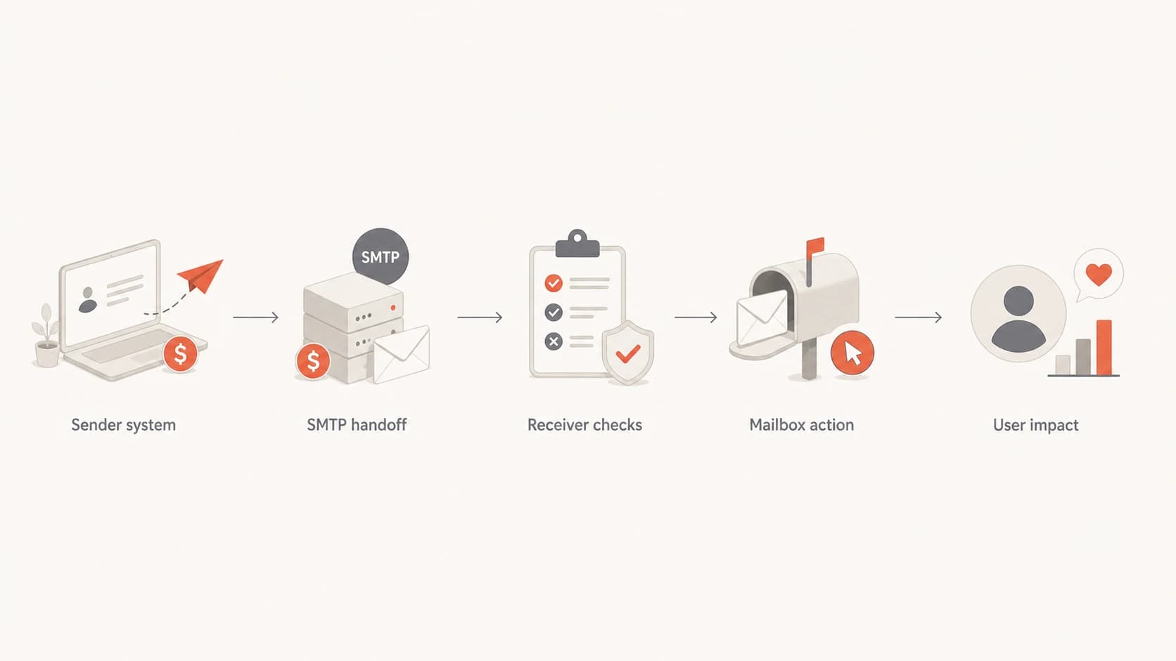 Flowchart showing sender costs ending at SMTP handoff and receiver costs after acceptance.