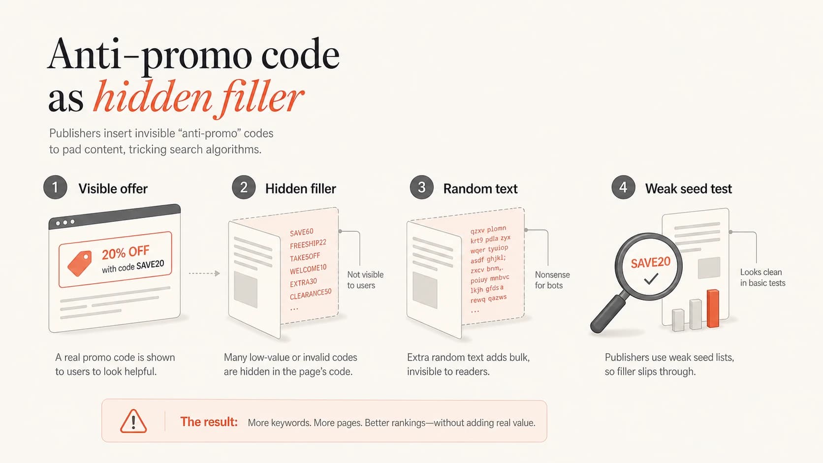 Infographic showing visible promotional content separated from hidden filler text.