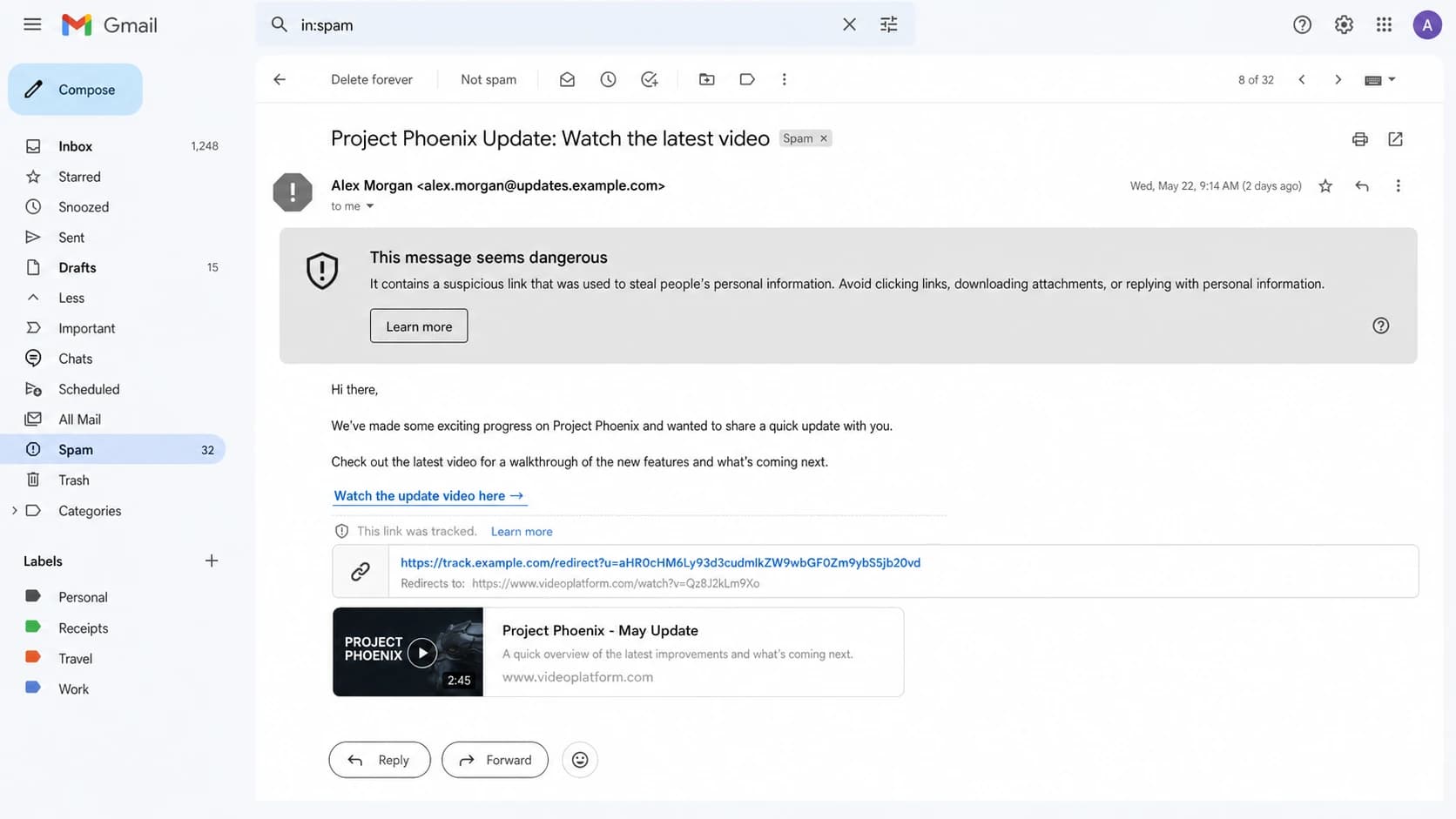 Gmail spam folder warning on an email that contains a video link.