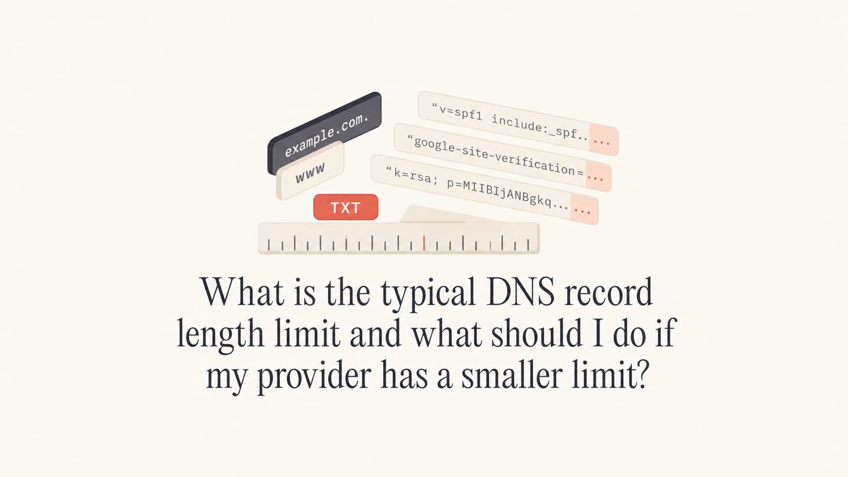 DNS TXT record length limit illustration with SPF, DKIM, TXT fragments, DNS labels, and a ruler.