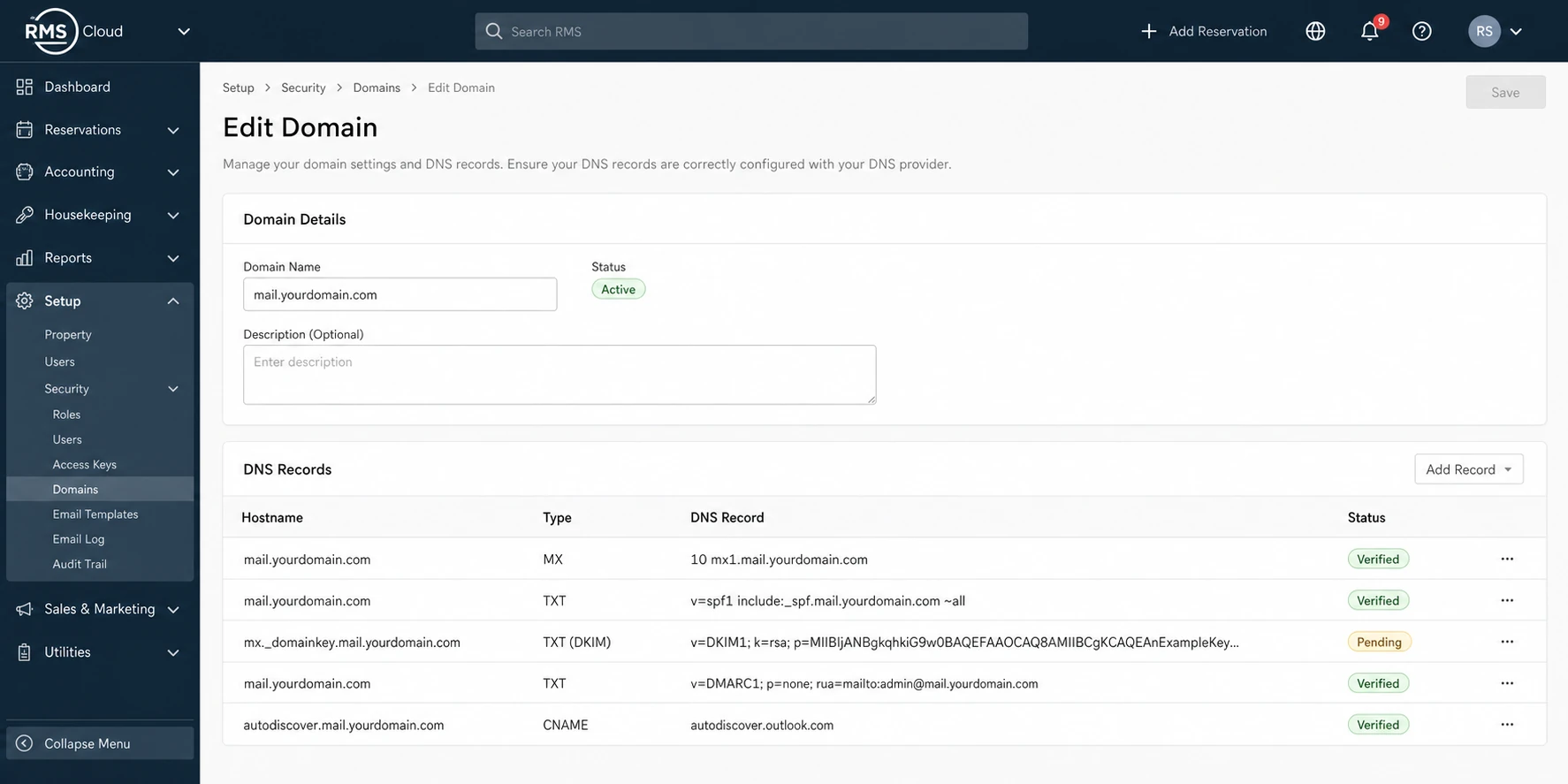 RMS Cloud Edit Domain screen showing DKIM DNS records to copy.