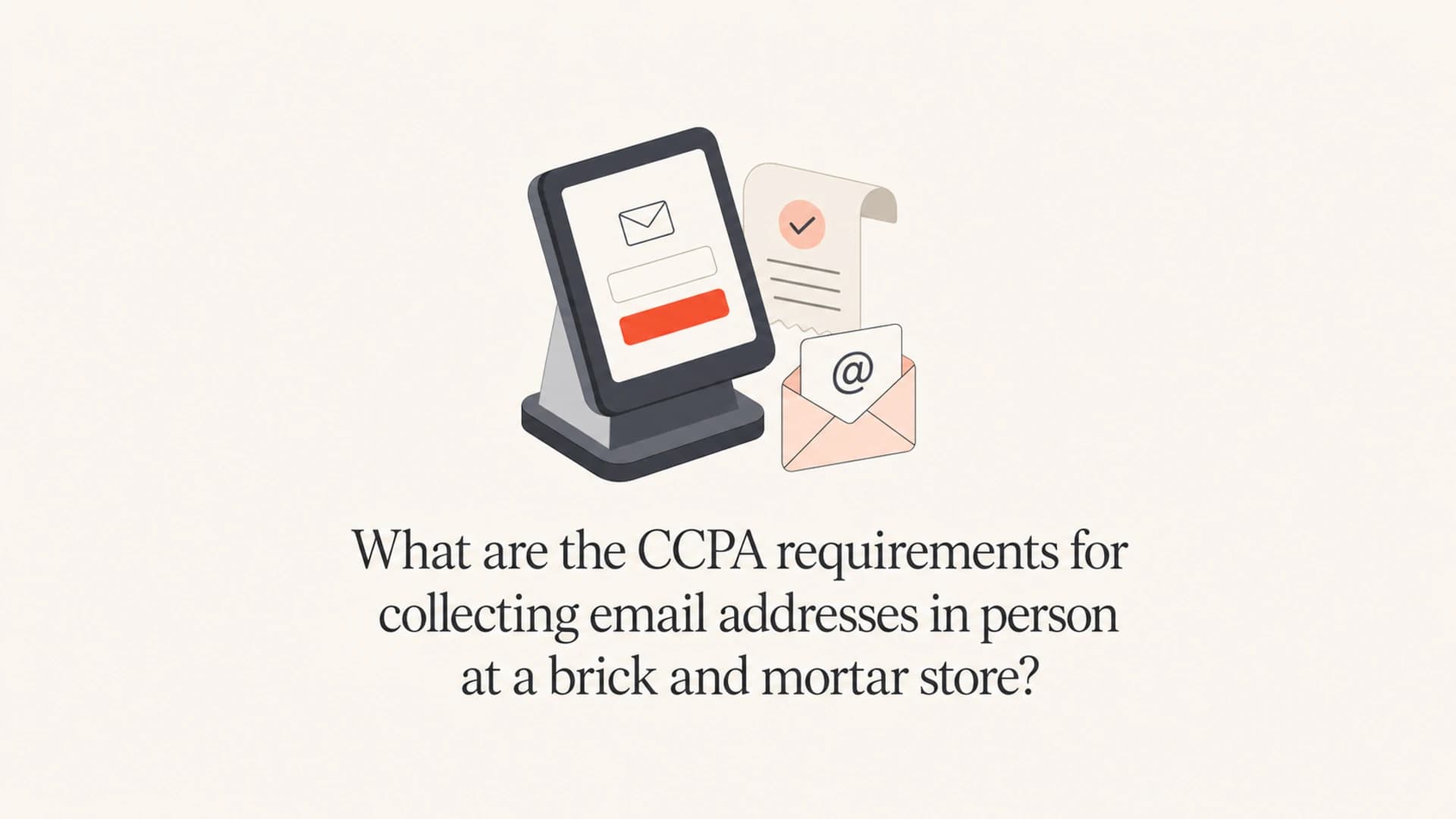 Checkout terminal, receipt, and email envelope with the article title.