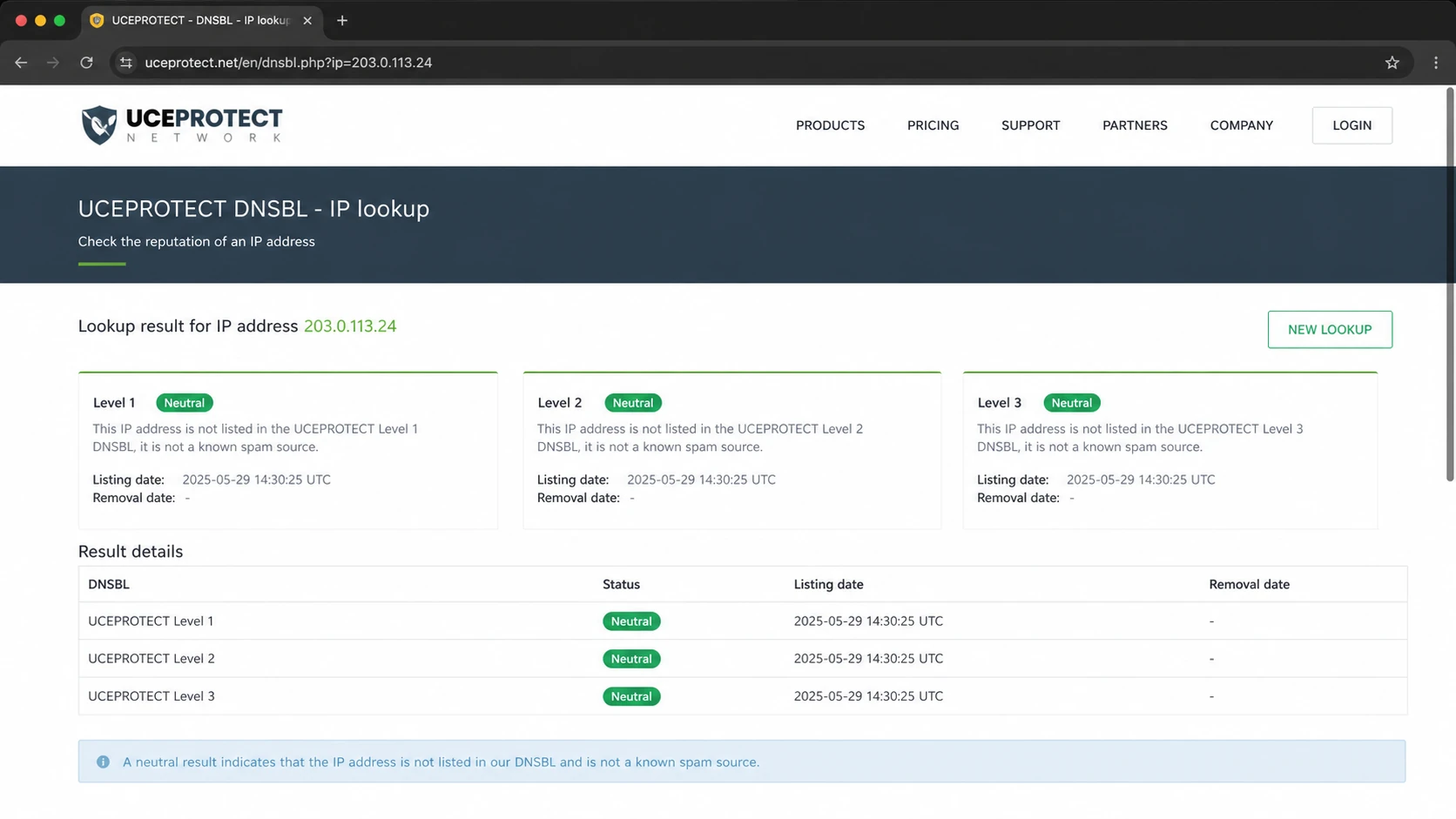 Screenshot-style view of a UCEPROTECT DNSBL lookup result.