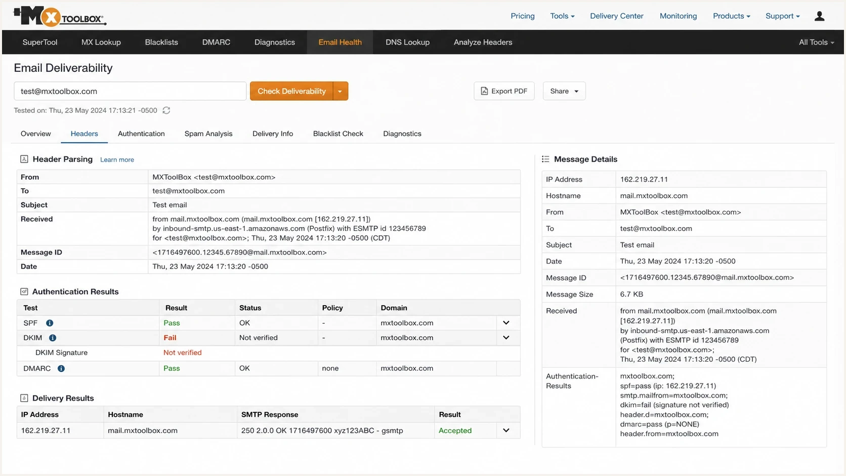 MXToolBox email deliverability screen showing a DKIM signature not verified result.