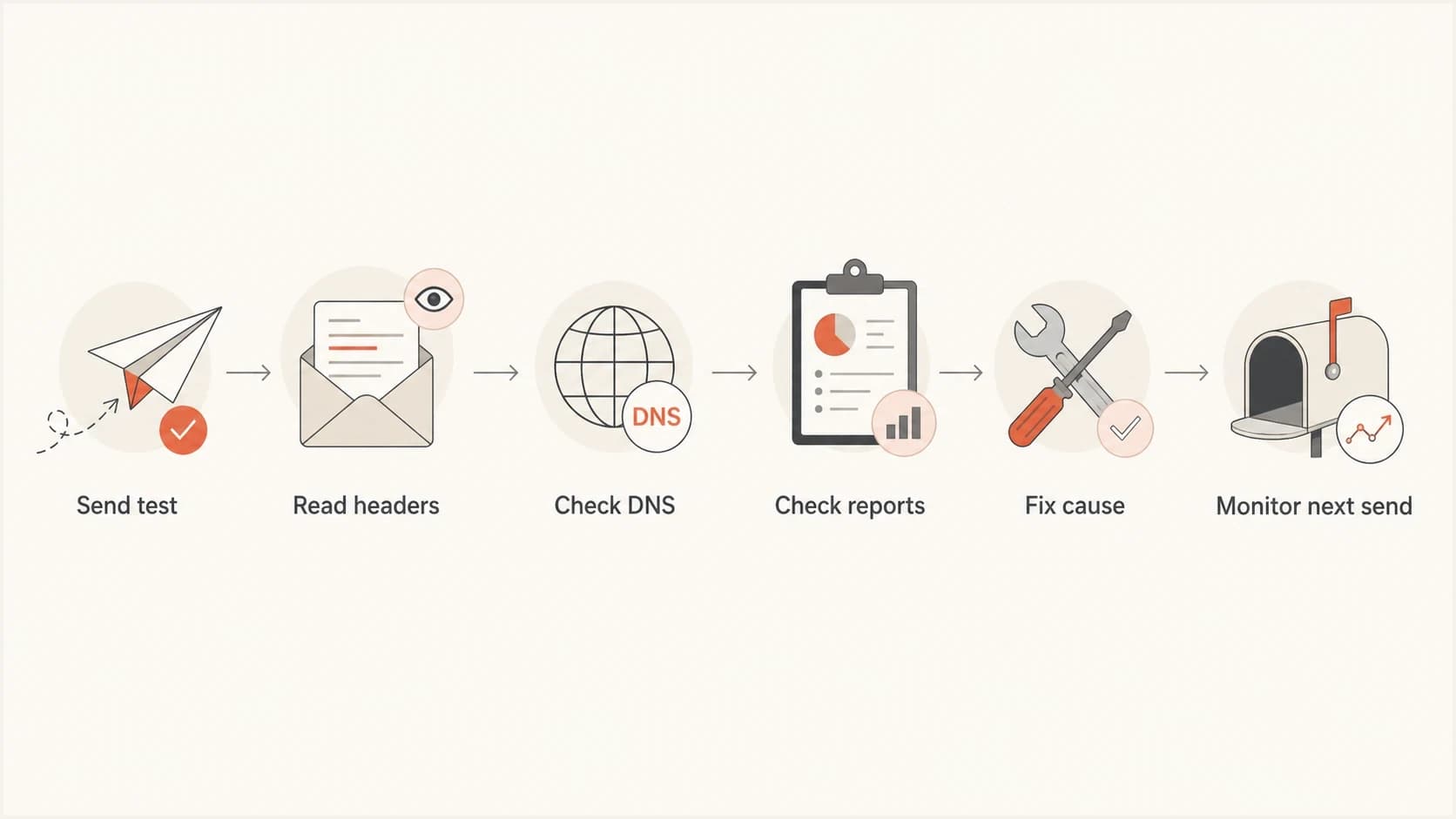 Flowchart for diagnosing email spam and inbox placement using headers, DNS, reports, and retesting.