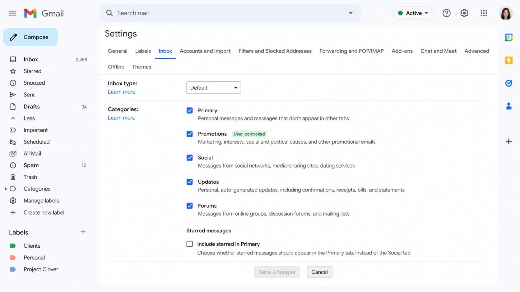 Gmail inbox category settings showing that Promotions is controlled by the recipient.