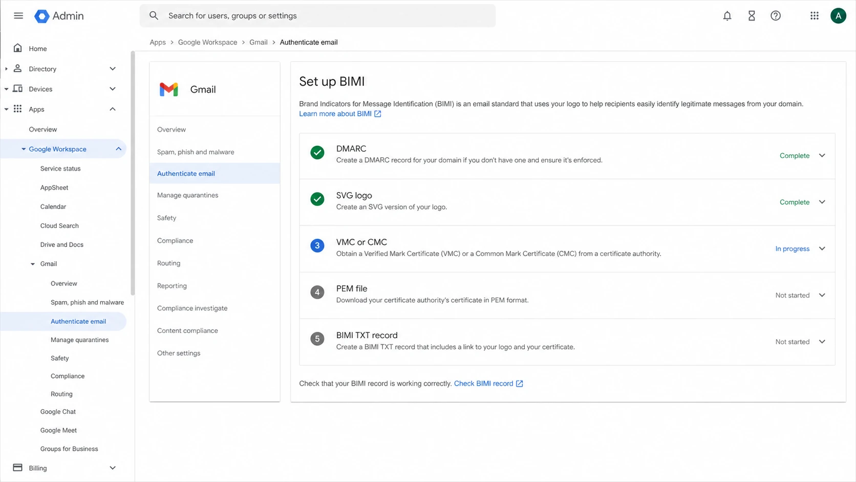 Google Workspace Admin Console BIMI setup screen with VMC and CMC checklist items.