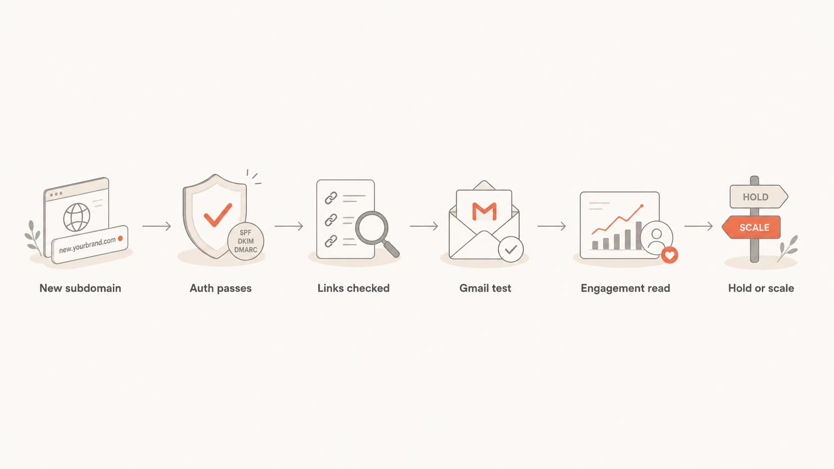 Flowchart showing the steps for diagnosing Gmail warmup after finding broken links.