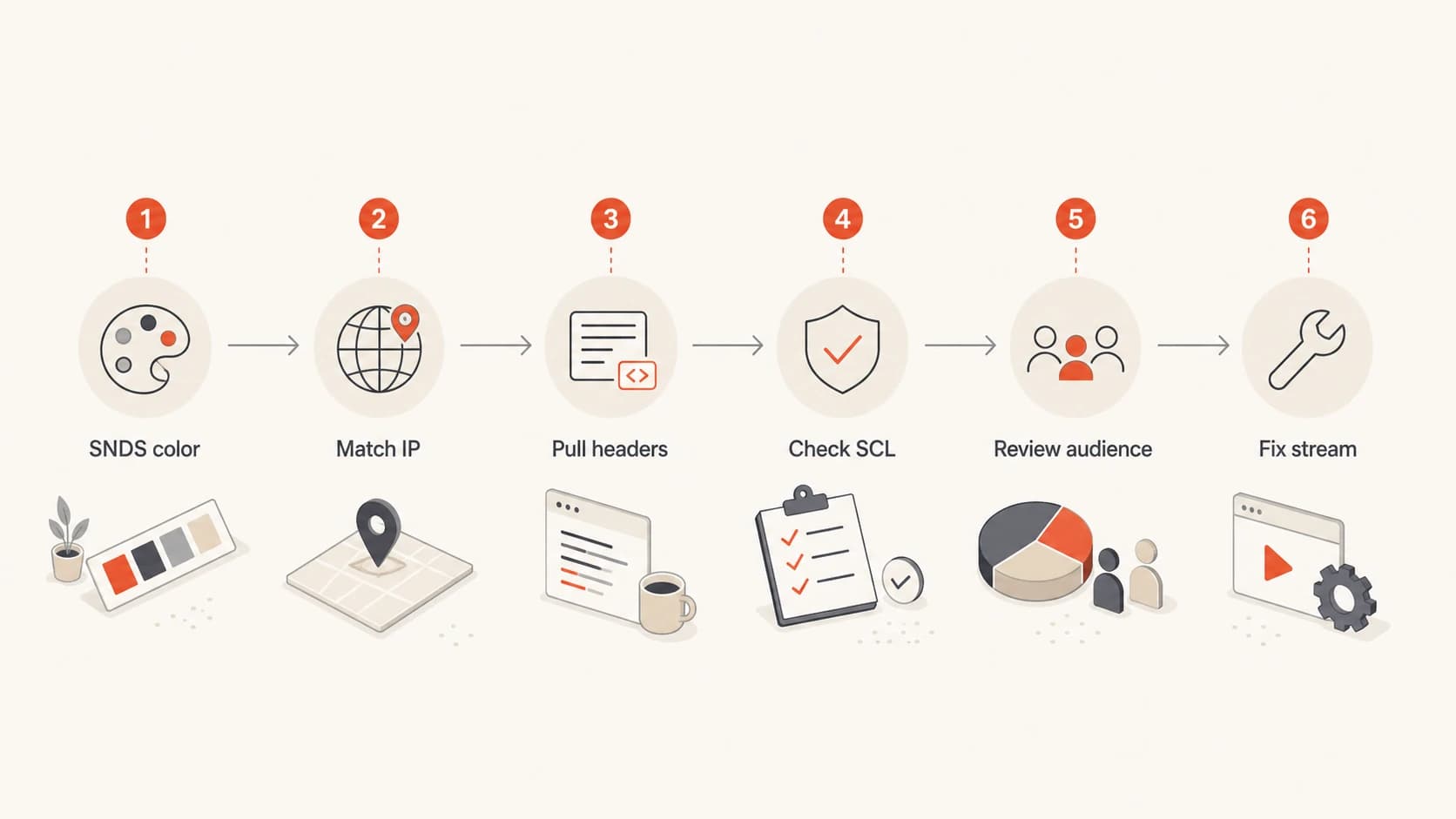 Flowchart for using SNDS data with IP mapping, headers, SCL, audience review, and stream fixes.