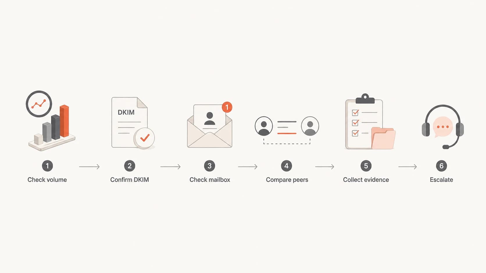 A six-step Yahoo FBL troubleshooting flow from volume checks to escalation.