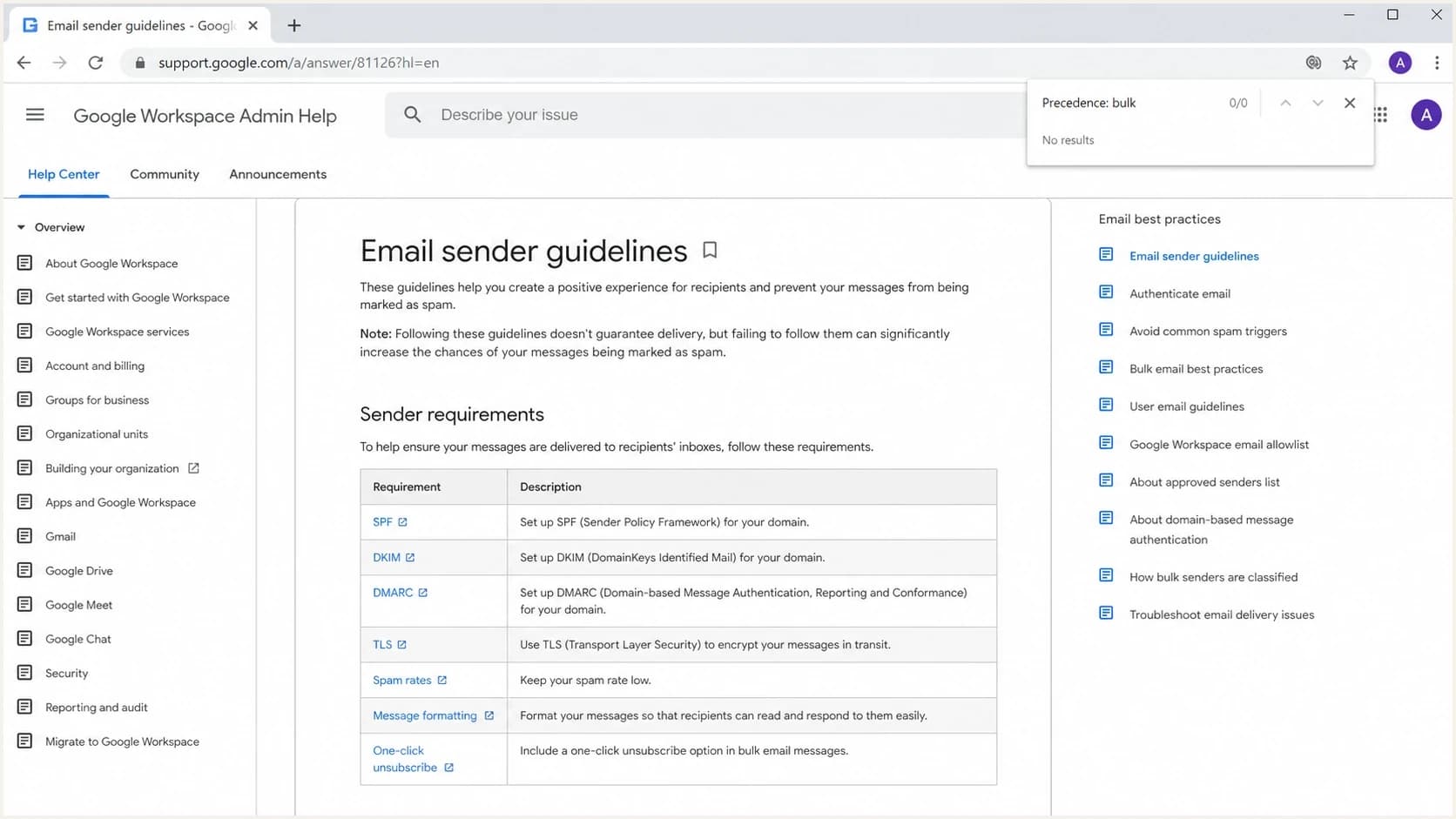 Google Workspace Admin Help sender guidelines page without a Precedence bulk requirement.