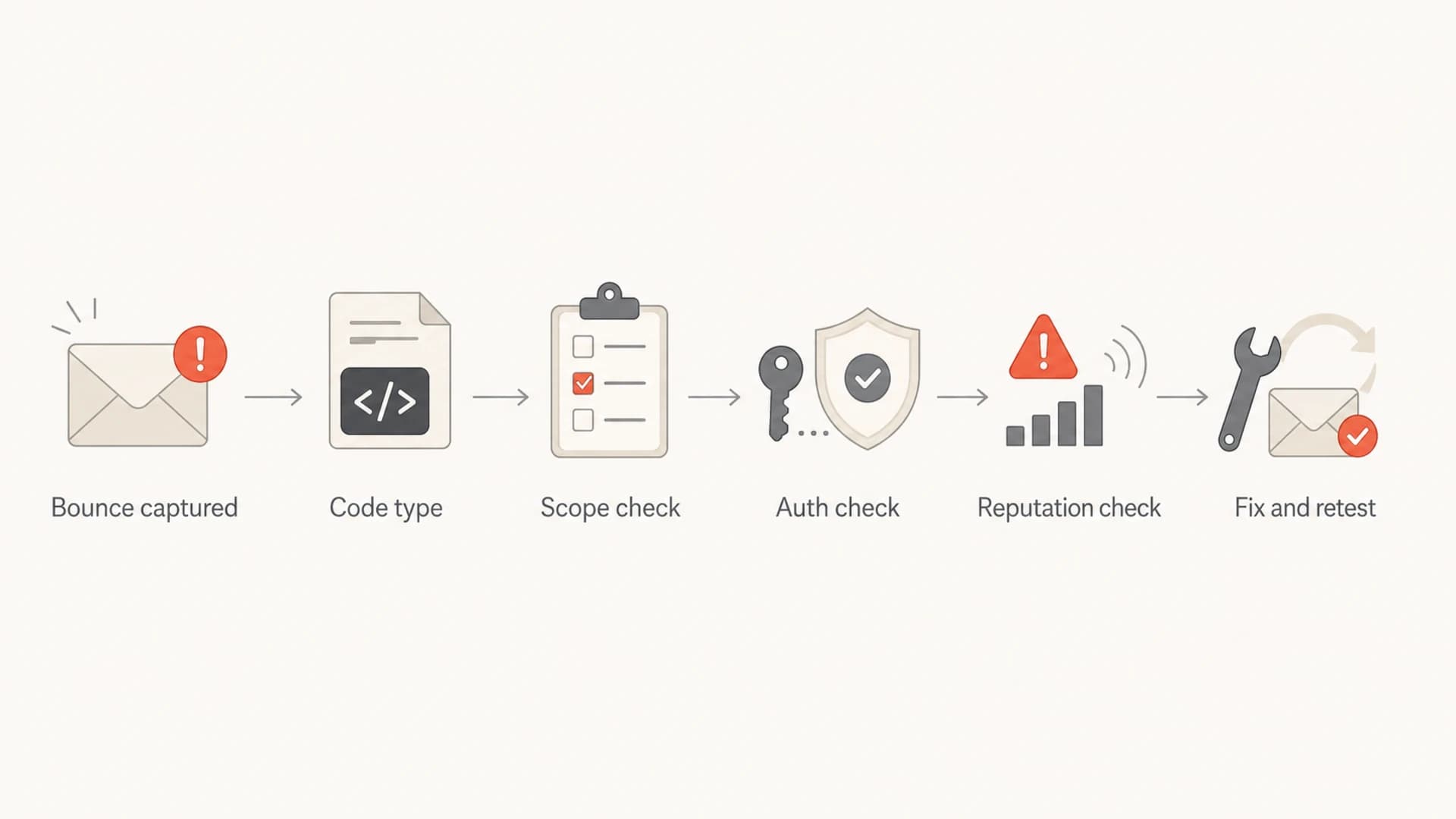 Flowchart showing Gmail rejection triage from bounce capture to retesting.