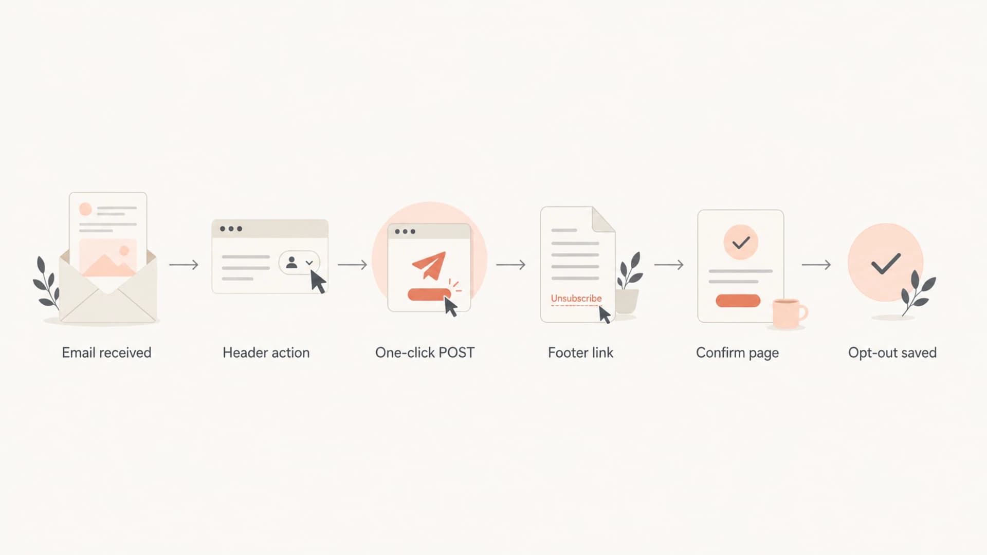 Flowchart showing header one-click unsubscribe and footer confirmation paths.