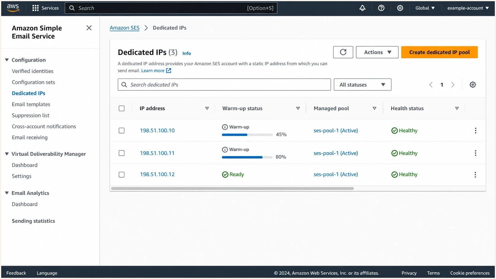 Amazon SES dedicated IP management screen showing IP warm-up and status.