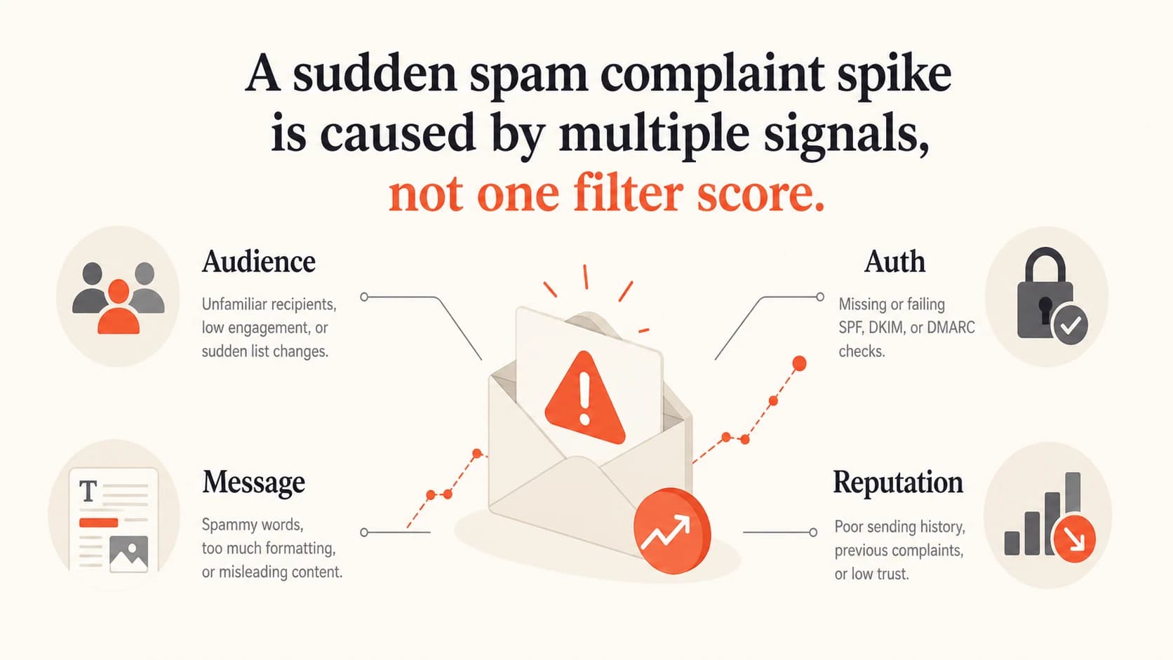 Spam complaint spikes usually come from audience, message, authentication, and reputation signals.