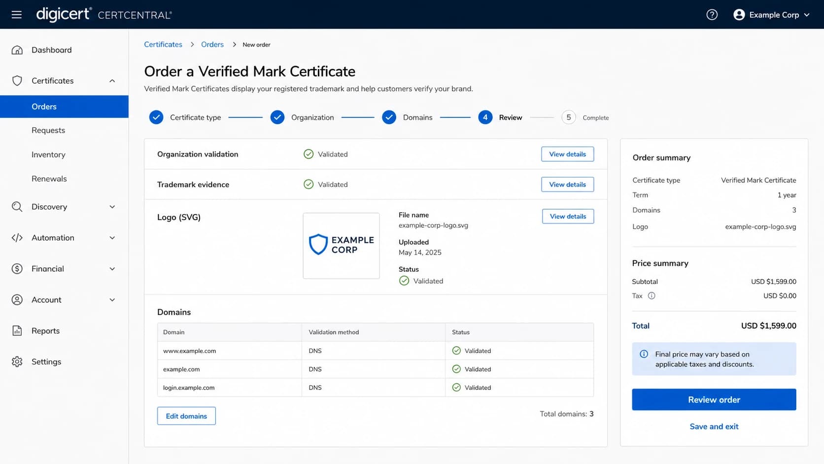 DigiCert CertCentral order screen for a Verified Mark Certificate.
