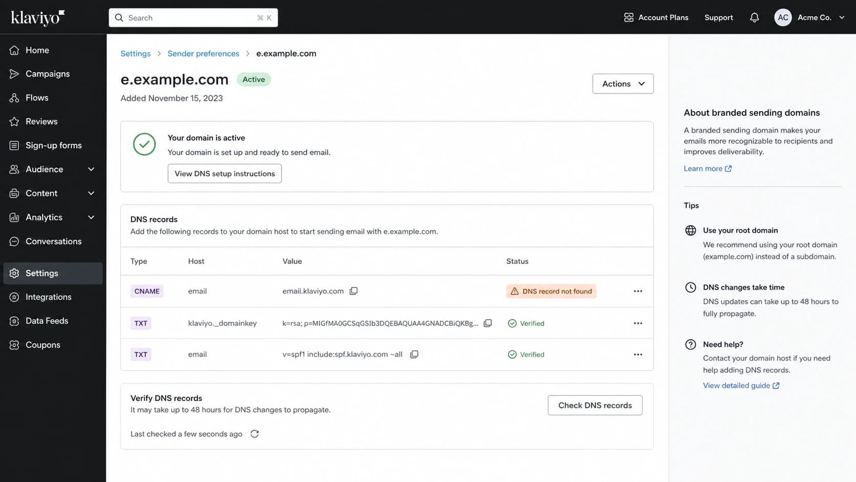 Klaviyo branded sending domain setup screen with DNS verification rows.