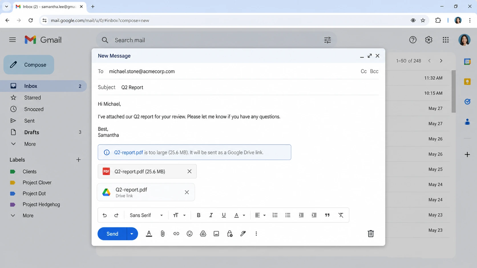 Gmail compose screen showing a large attachment being sent as a Drive link.