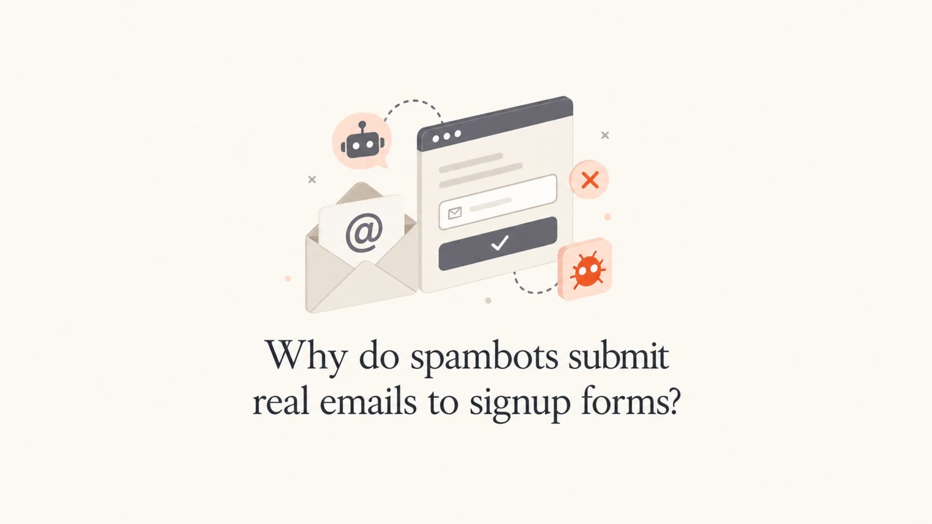 A calm editorial thumbnail about spambots submitting real emails to signup forms.