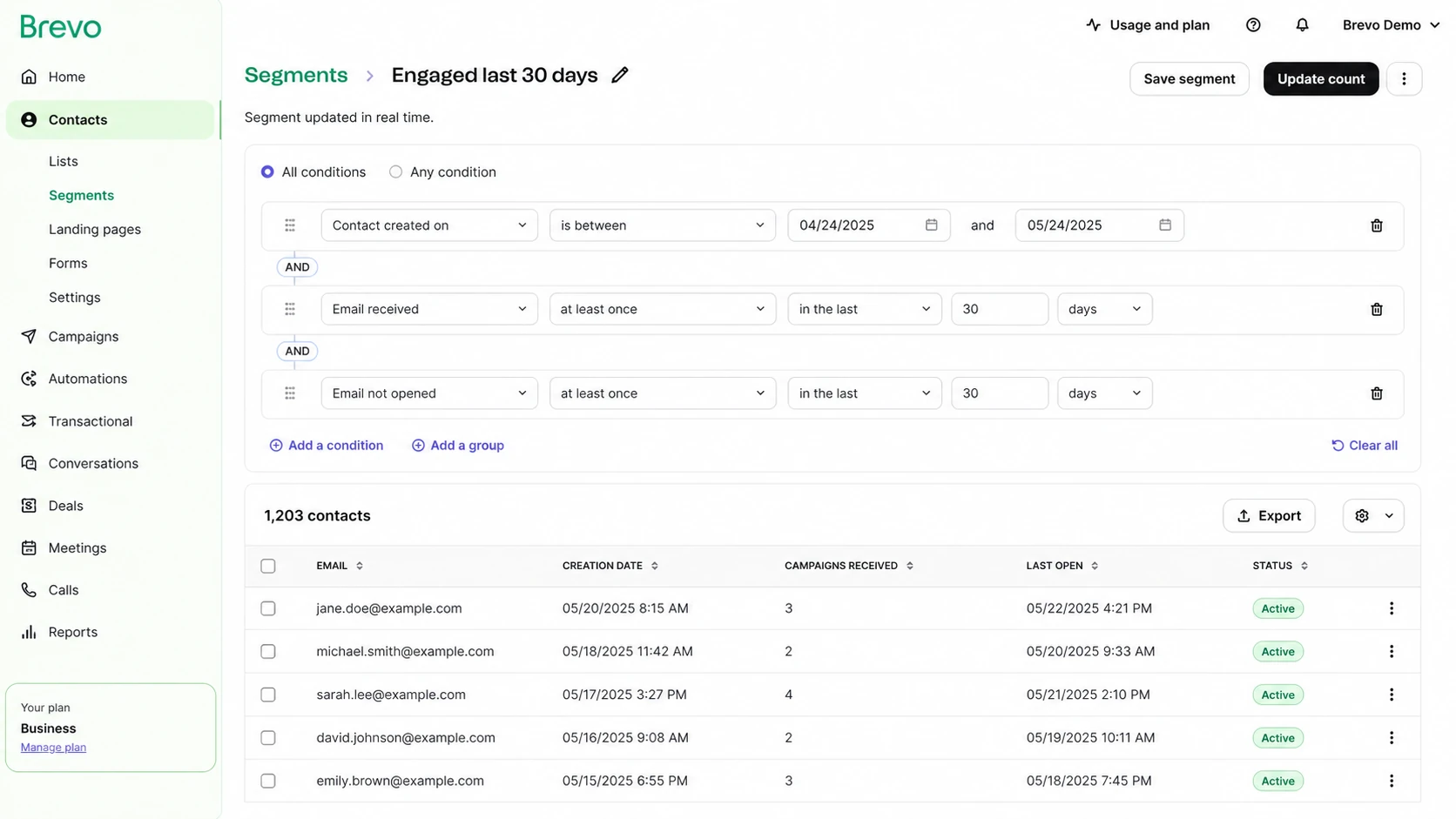 Brevo contact segment editor showing open-based unengaged filters.