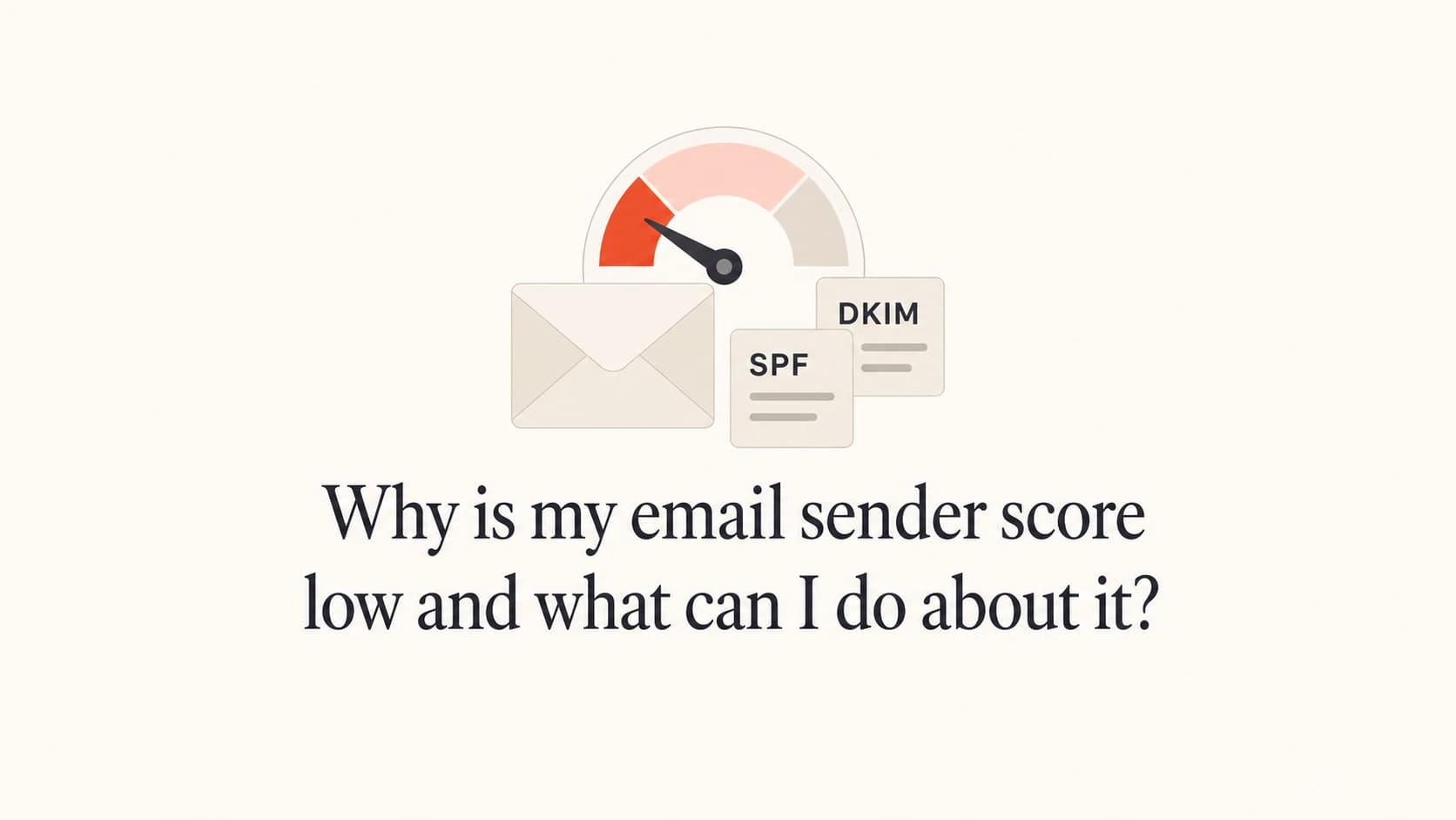 Low sender score shown as an email reputation gauge with DNS tiles.