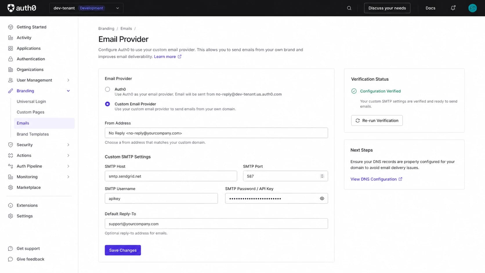Auth0 dashboard email provider settings screen for configuring a production sender.