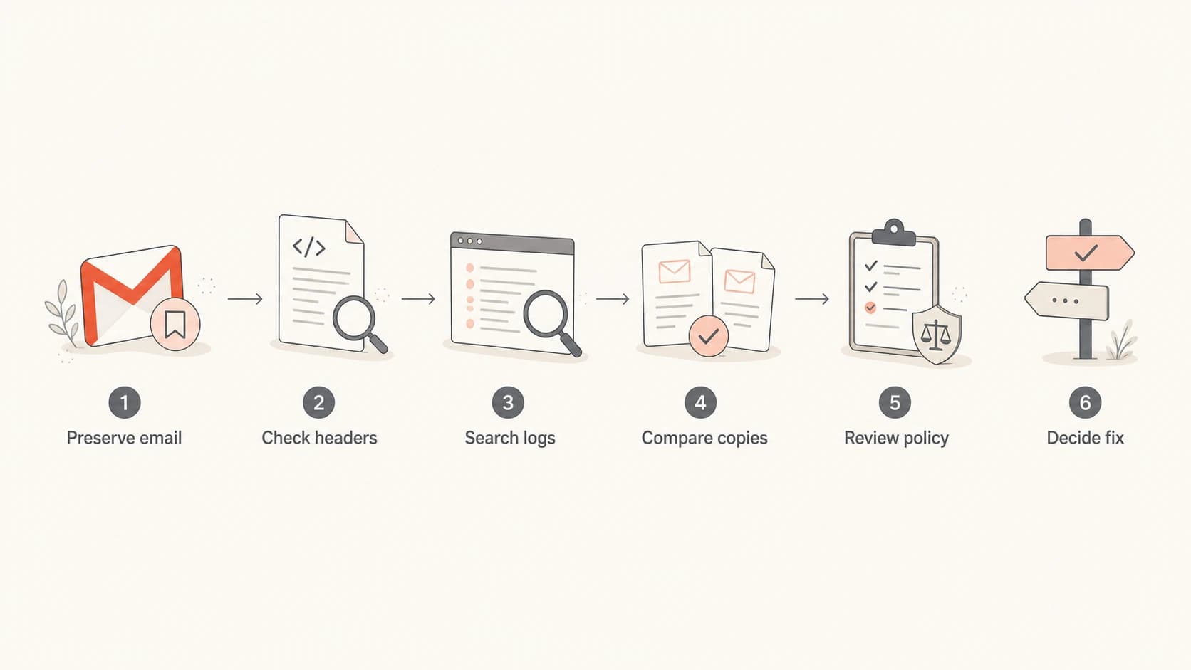 A six-step workflow for investigating a Gmail internal warning.