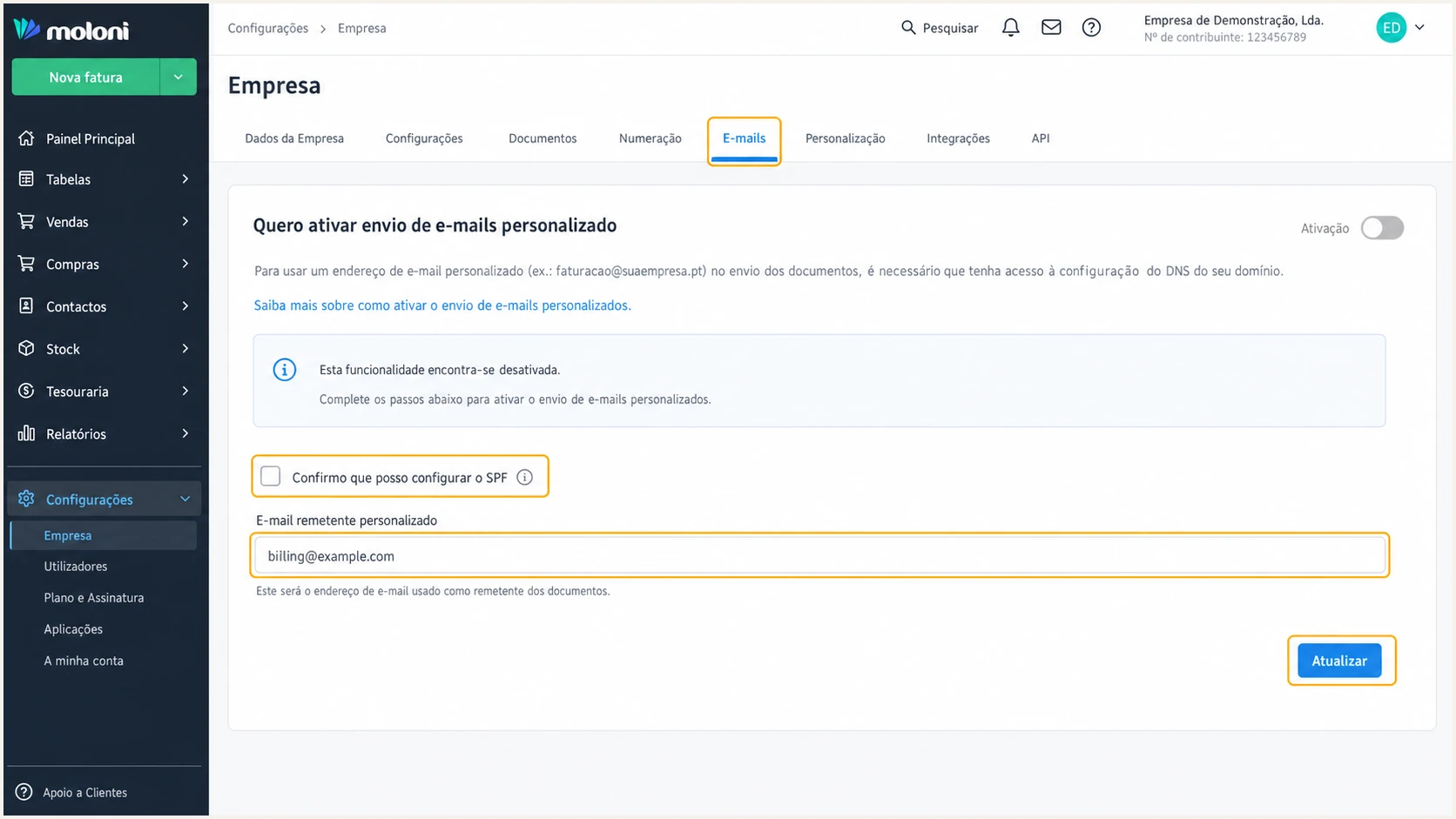 Moloni custom email sender settings under Empresa and E-mails