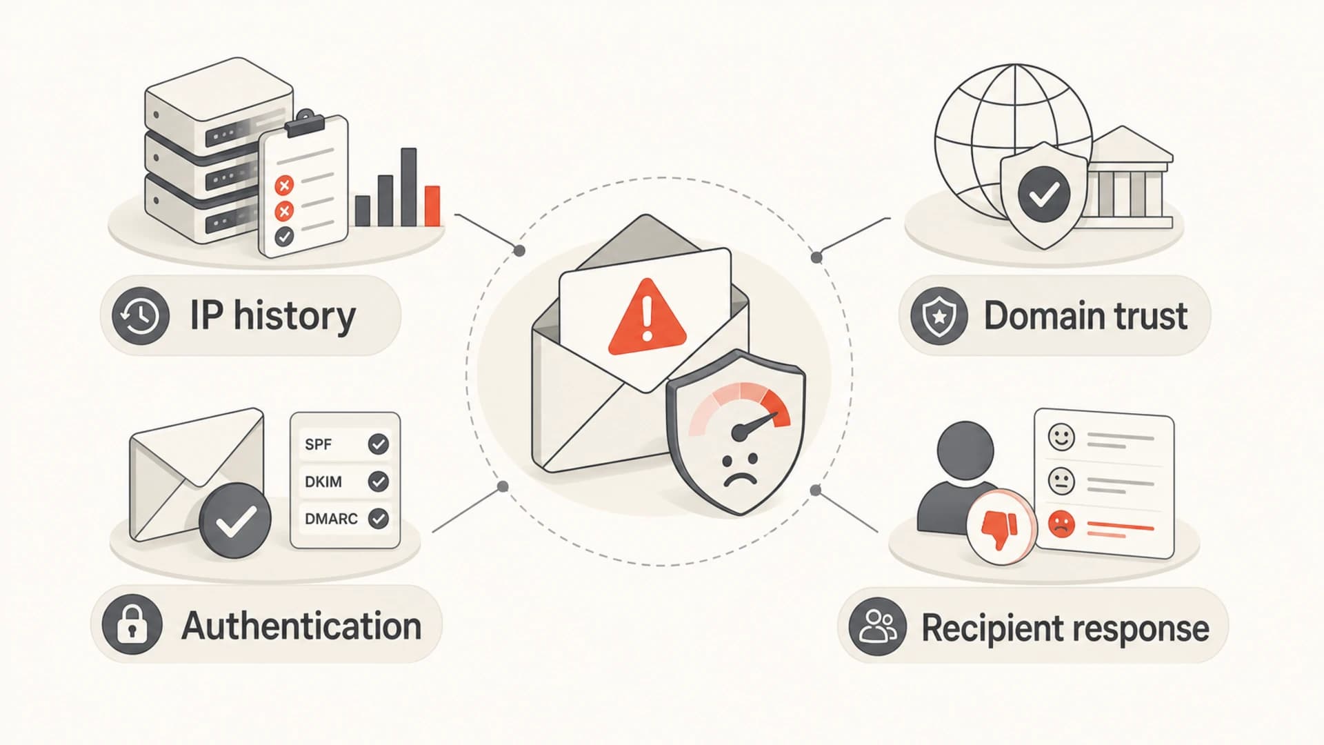 Four Gmail reputation inputs: IP history, domain trust, authentication, and recipient response.