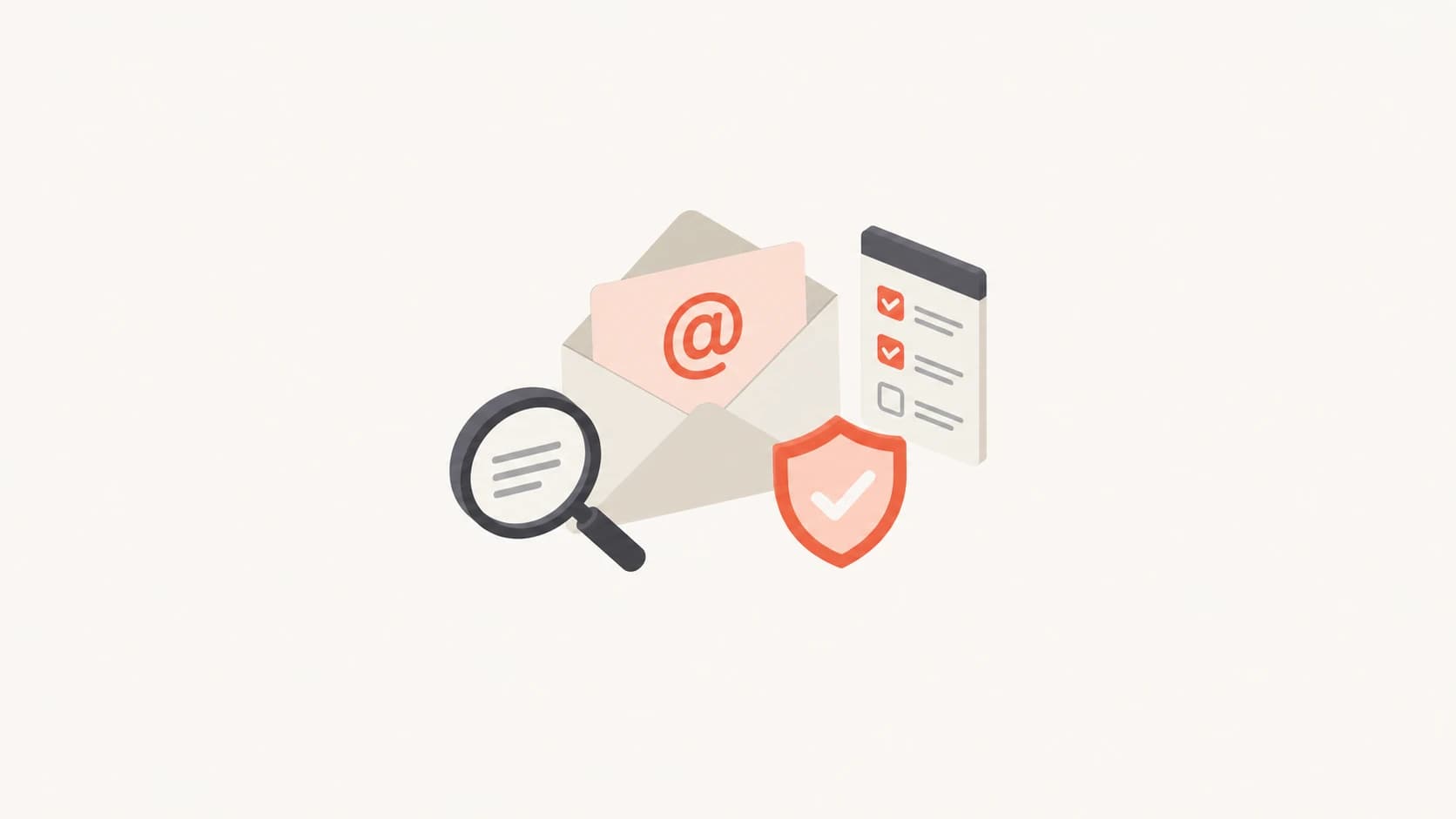 Email testing concept with an envelope, checklist, magnifying glass, and verification mark.