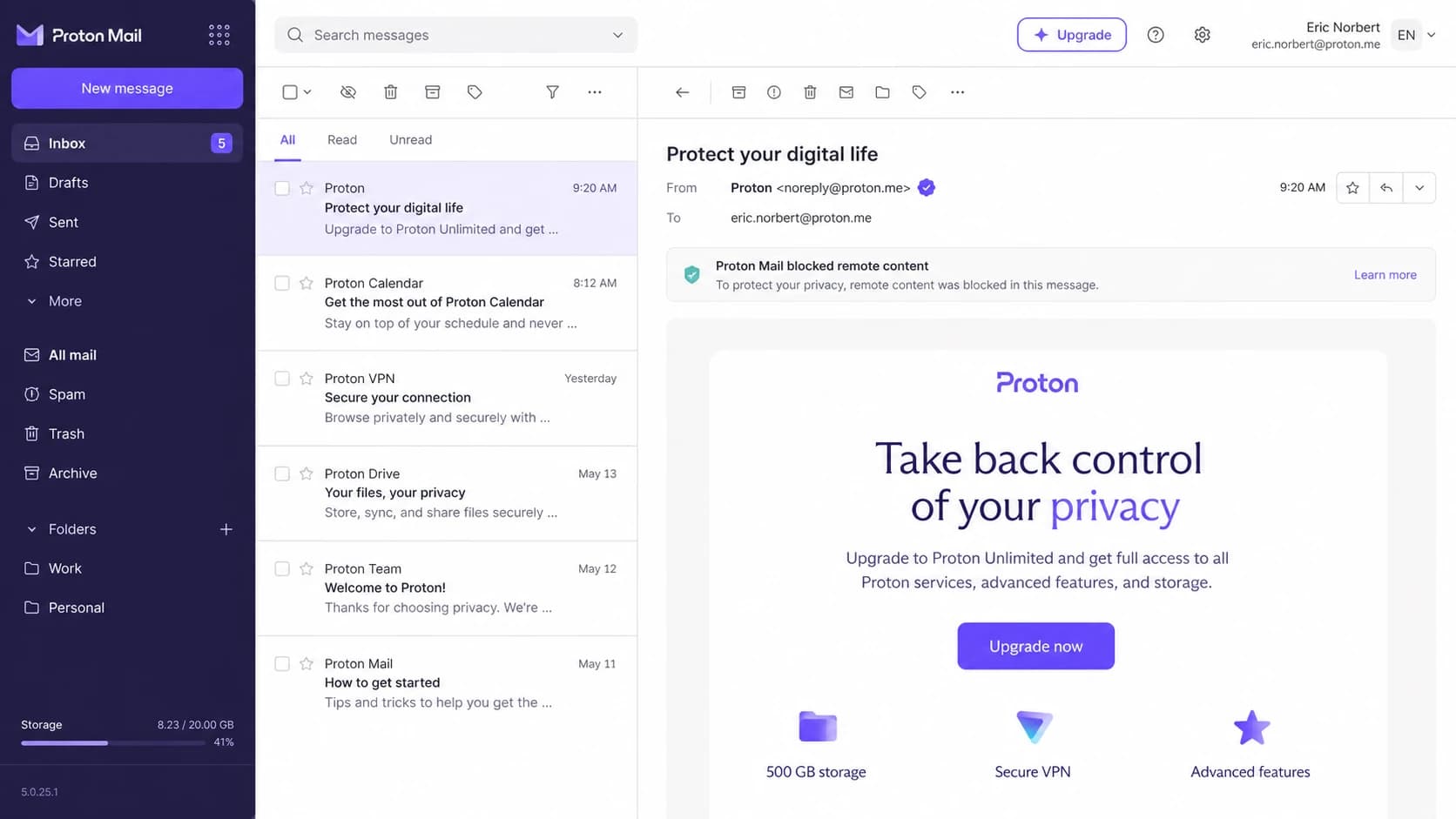Proton Mail inbox showing an opened message and a tracking protection notice.