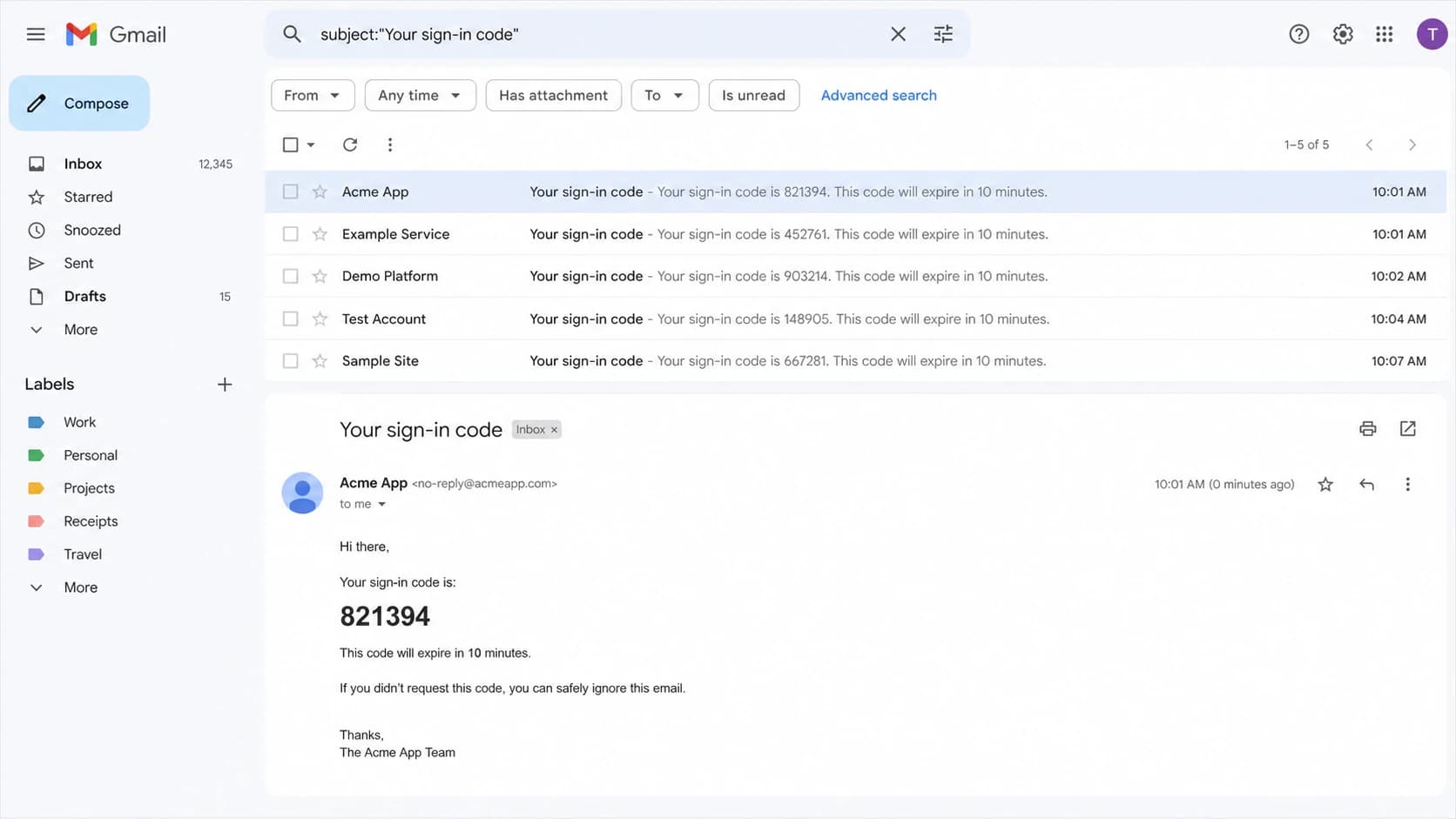 Gmail inbox search showing OTP test messages with different received times.