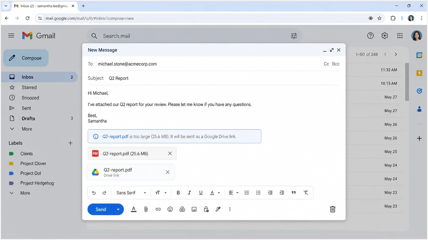 Gmail compose window converting an oversized attachment into a Google Drive link.