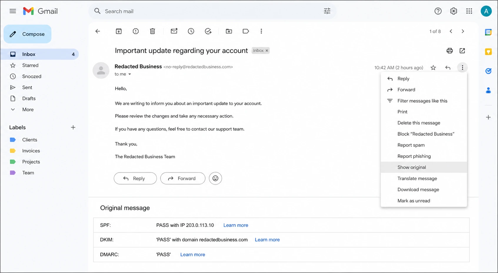 Gmail message menu and original message summary showing SPF, DKIM, and DMARC results.