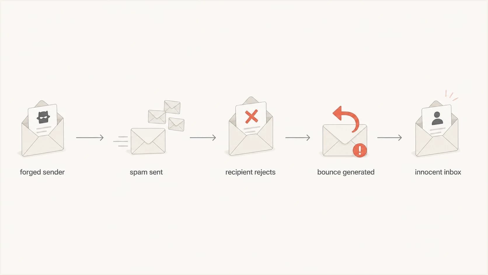 Flowchart showing forged sender, rejected email, and bounce sent to the innocent inbox.