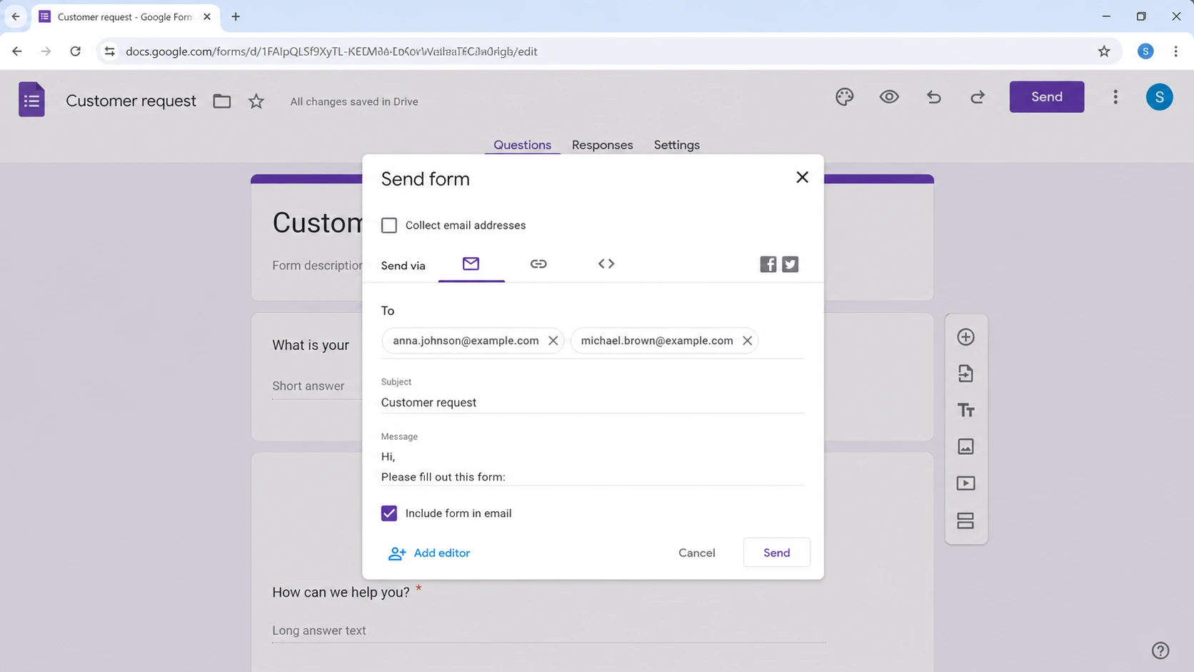 Google Forms editor with the email send dialog open.