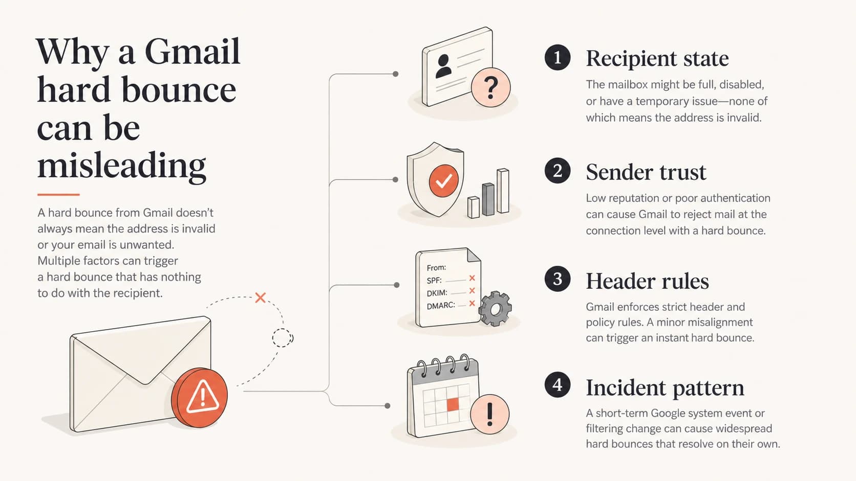 Four factors that can make a Gmail hard bounce look misleading.