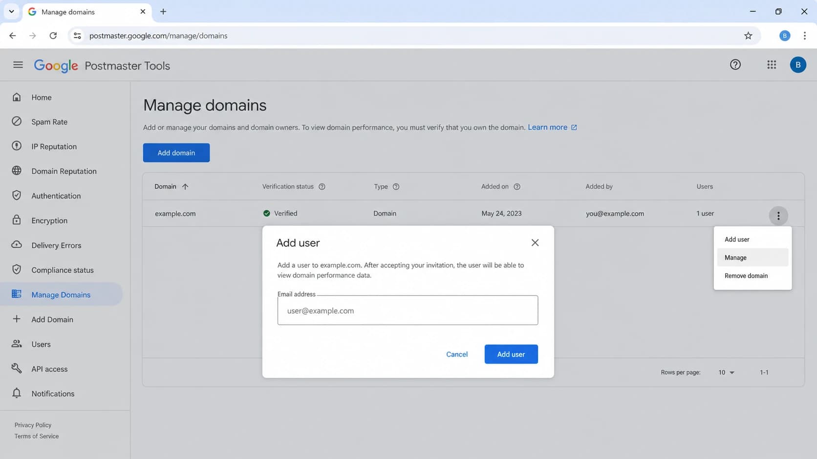 Google Postmaster Tools manage-domain screen with delegated access controls.