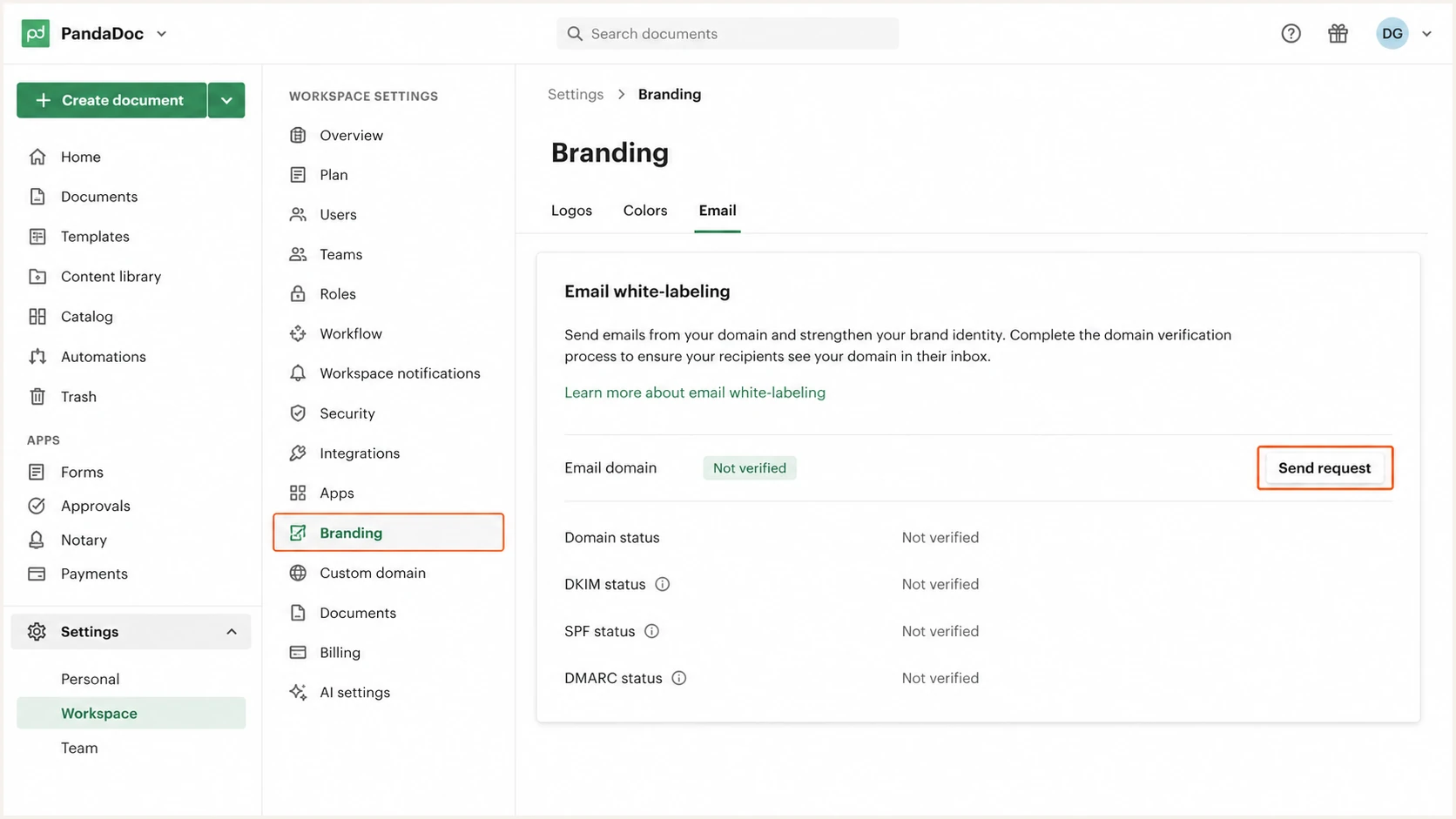 PandaDoc Branding settings with the email white-label request control