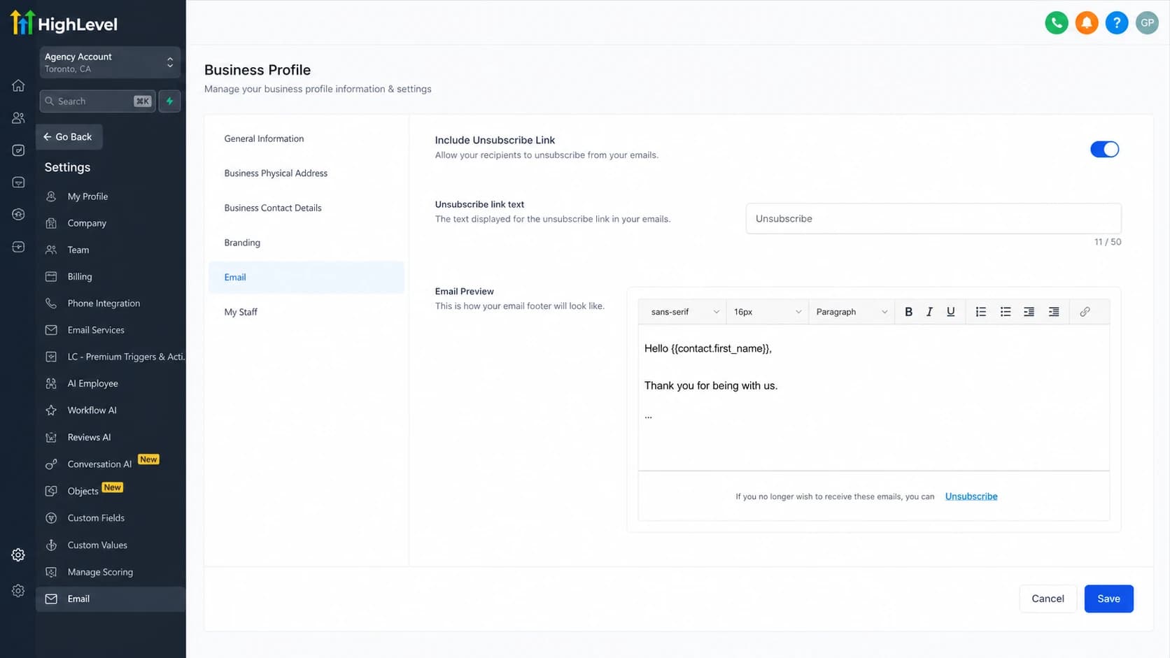 GoHighLevel unsubscribe settings screen for LC Email.
