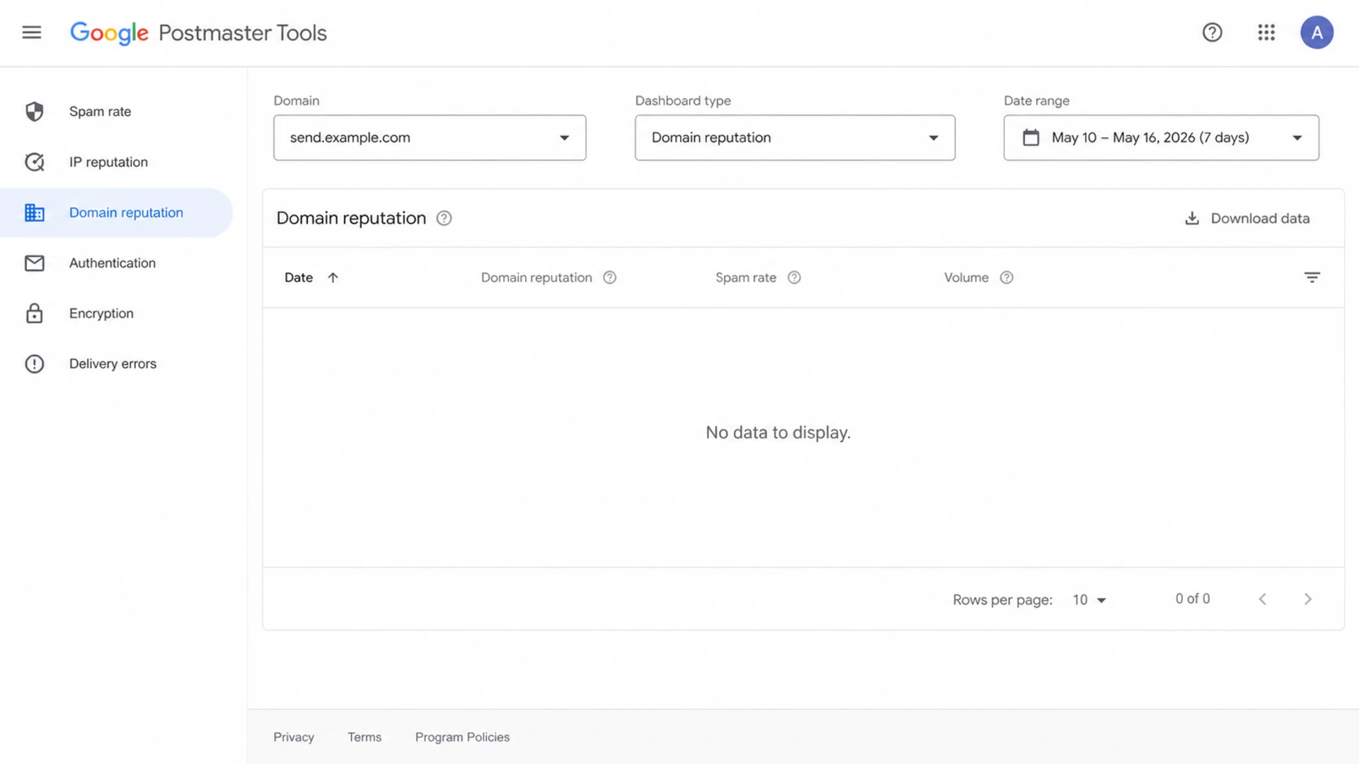 Google Postmaster Tools dashboard showing no data for a newly added sending subdomain.