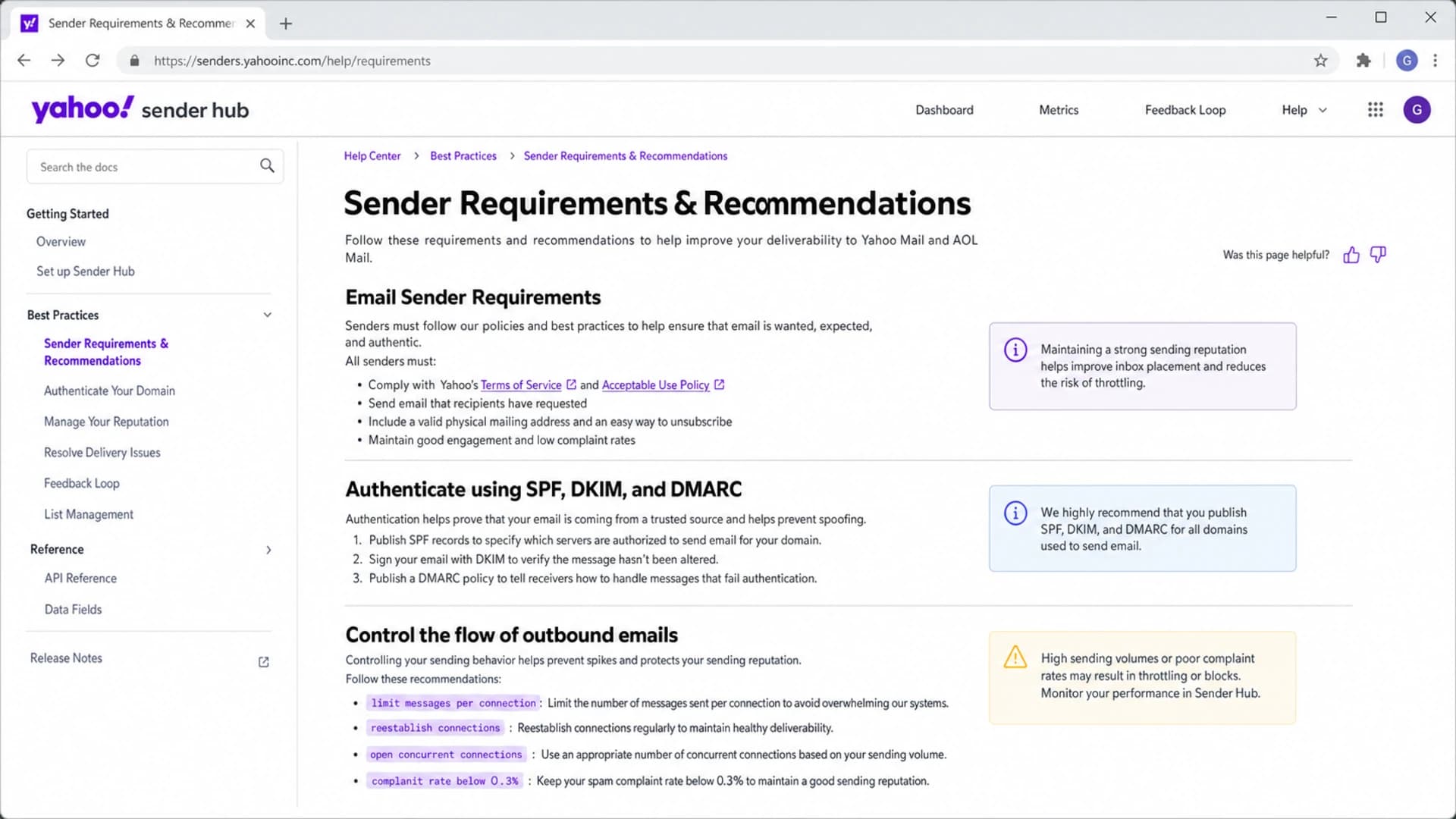 Yahoo Sender Hub screenshot showing sender requirements and outbound email flow controls.