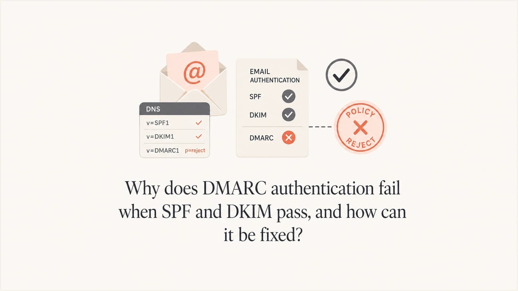 DMARC alignment failure thumbnail showing SPF and DKIM passing for domains that do not match the visible From domain.