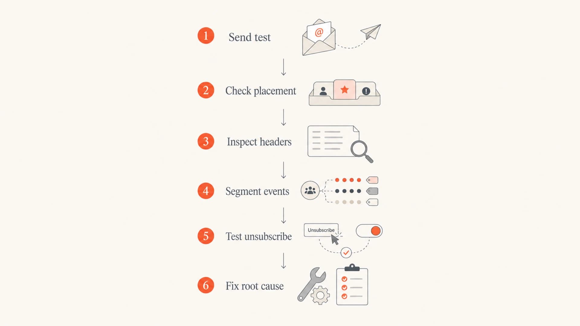 Flowchart for testing email keywords, placement, headers, events, and unsubscribe behavior.