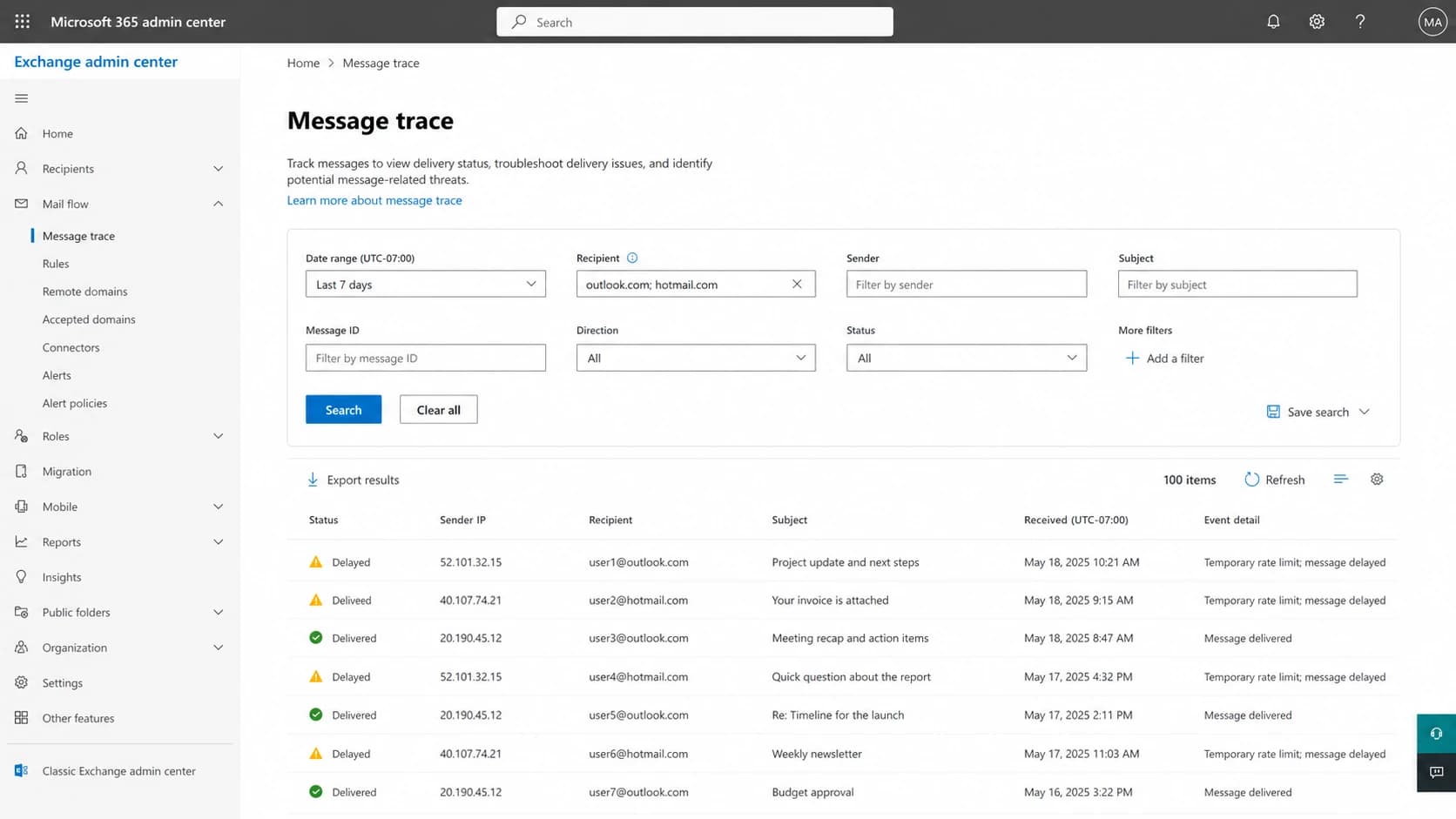 Microsoft Exchange admin center message trace with delayed Outlook and Hotmail deliveries.