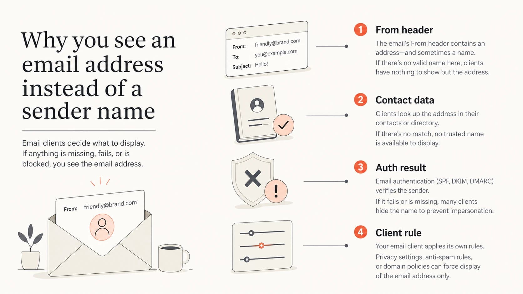 Four inputs that affect sender name display: header, contacts, authentication, and client rules.