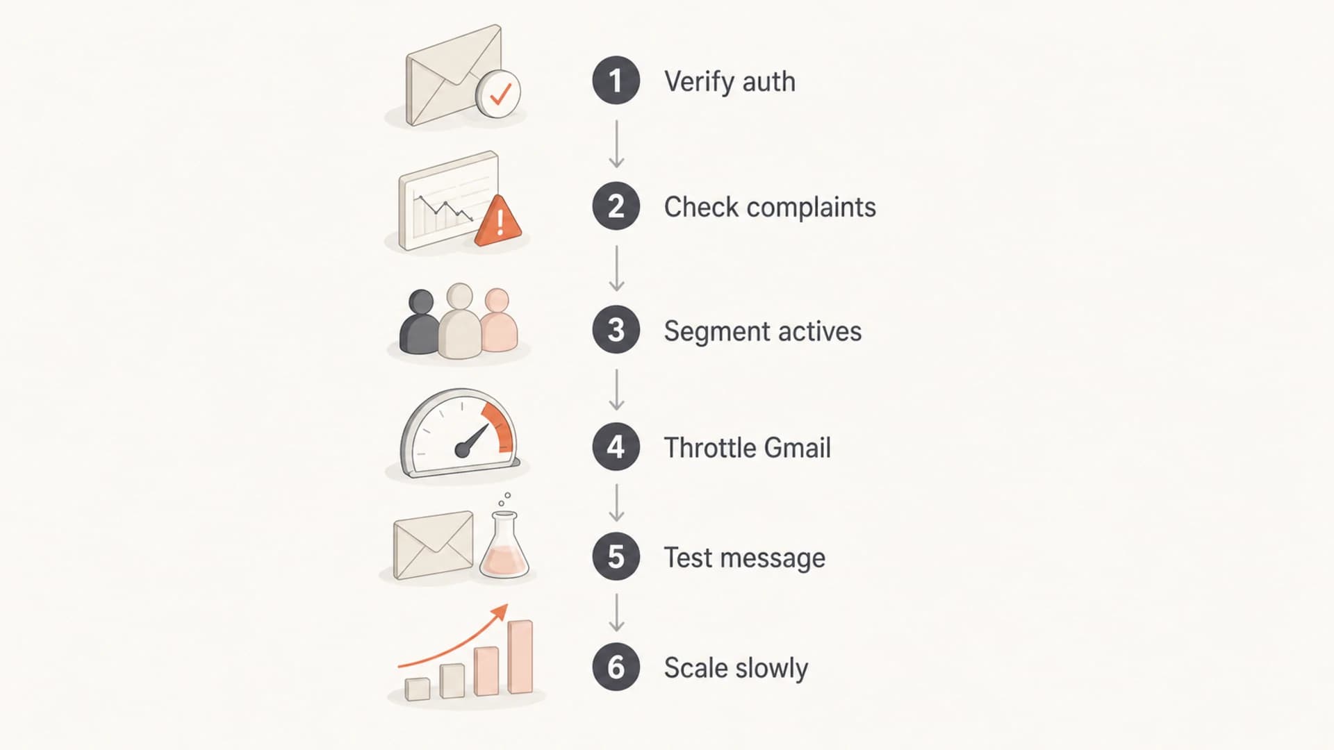 Flowchart showing a Gmail inbox placement diagnosis sequence.