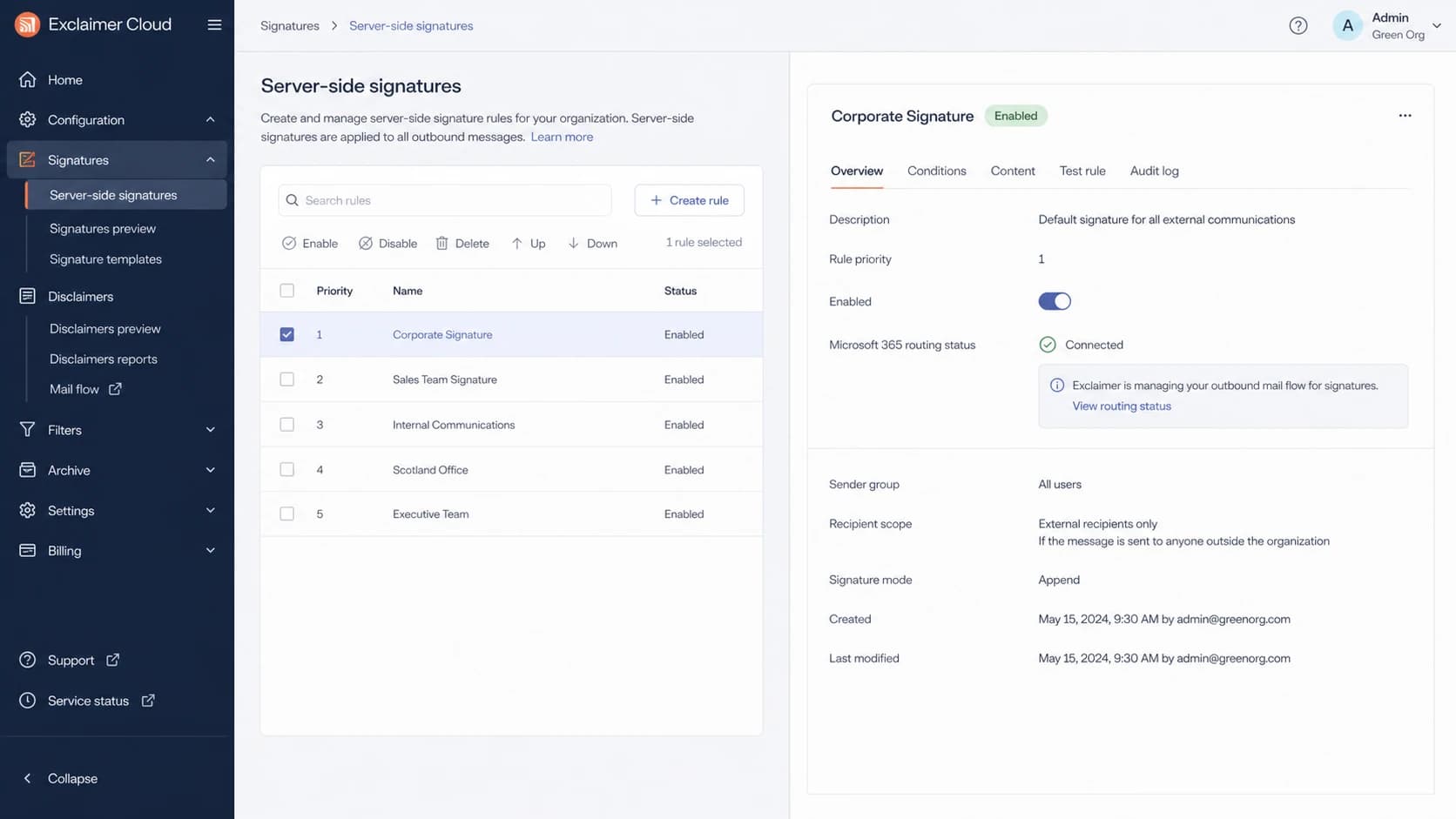 Exclaimer Cloud signature rule screen showing routing and signature settings.
